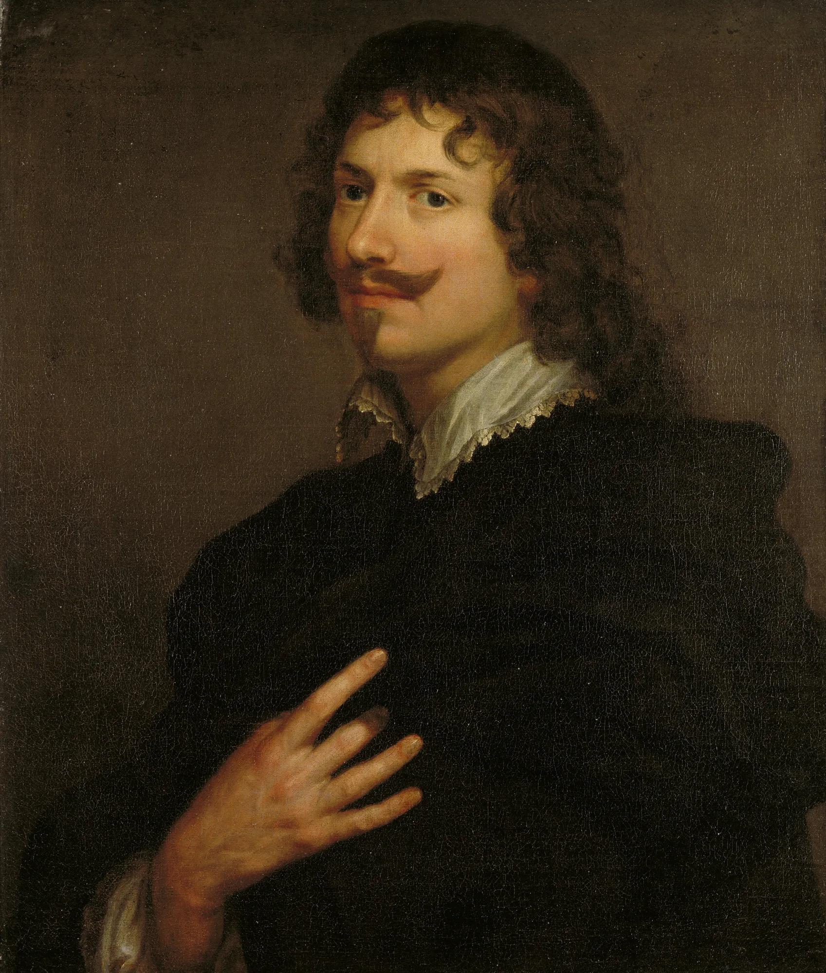 Portrait of Adriaen Hanneman Portrait of Adriaen Hanneman by Anthony van Dyck. A half-length portrait of a man with dark curly hair and a mustache, dressed in black with a white lace collar, his hand resting on his chest.