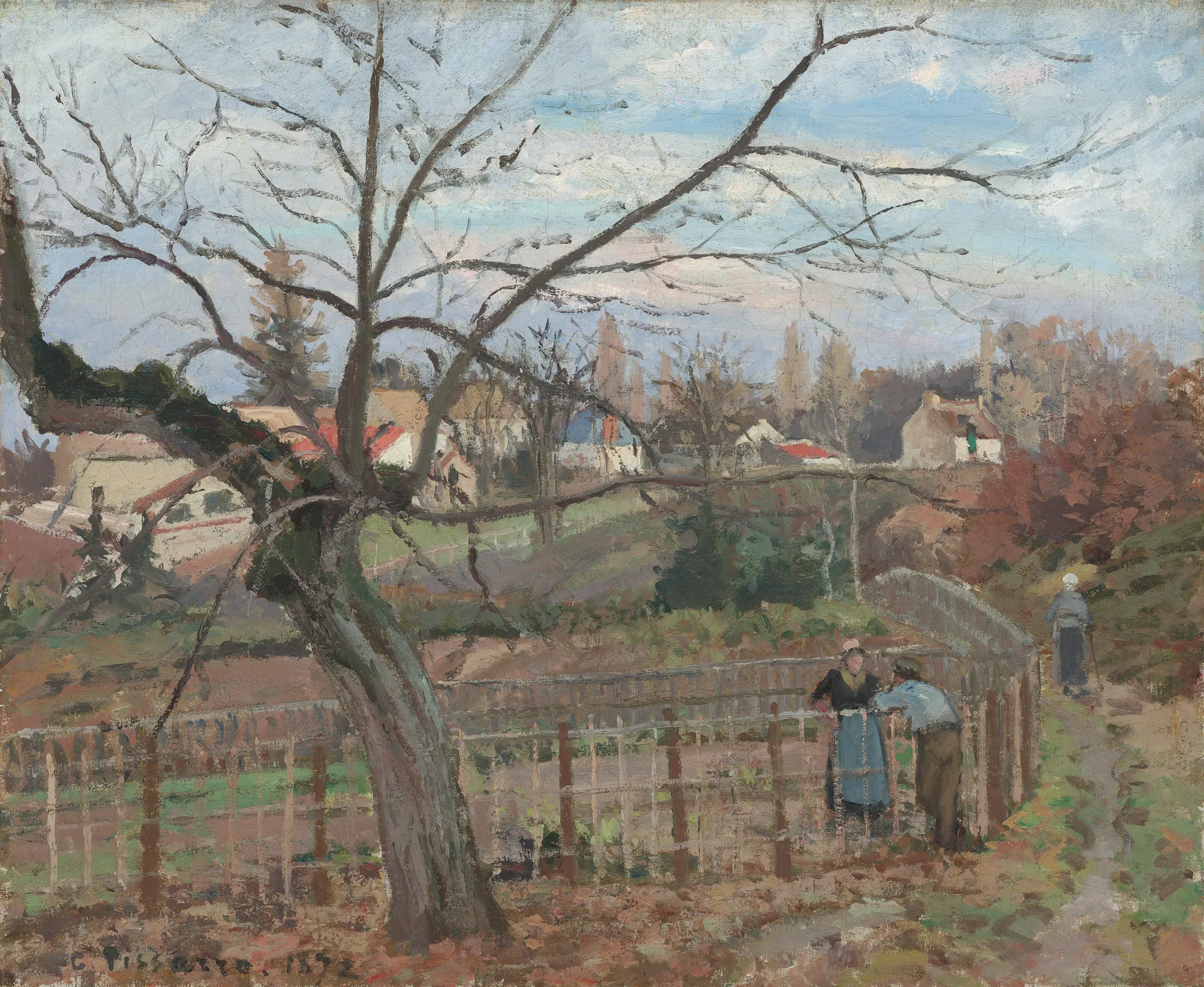 The Fence The Fence by Camille Pissarro. An Impressionist landscape featuring a curved wooden fence, several figures in rural attire, and a prominent leafless tree in the foreground.