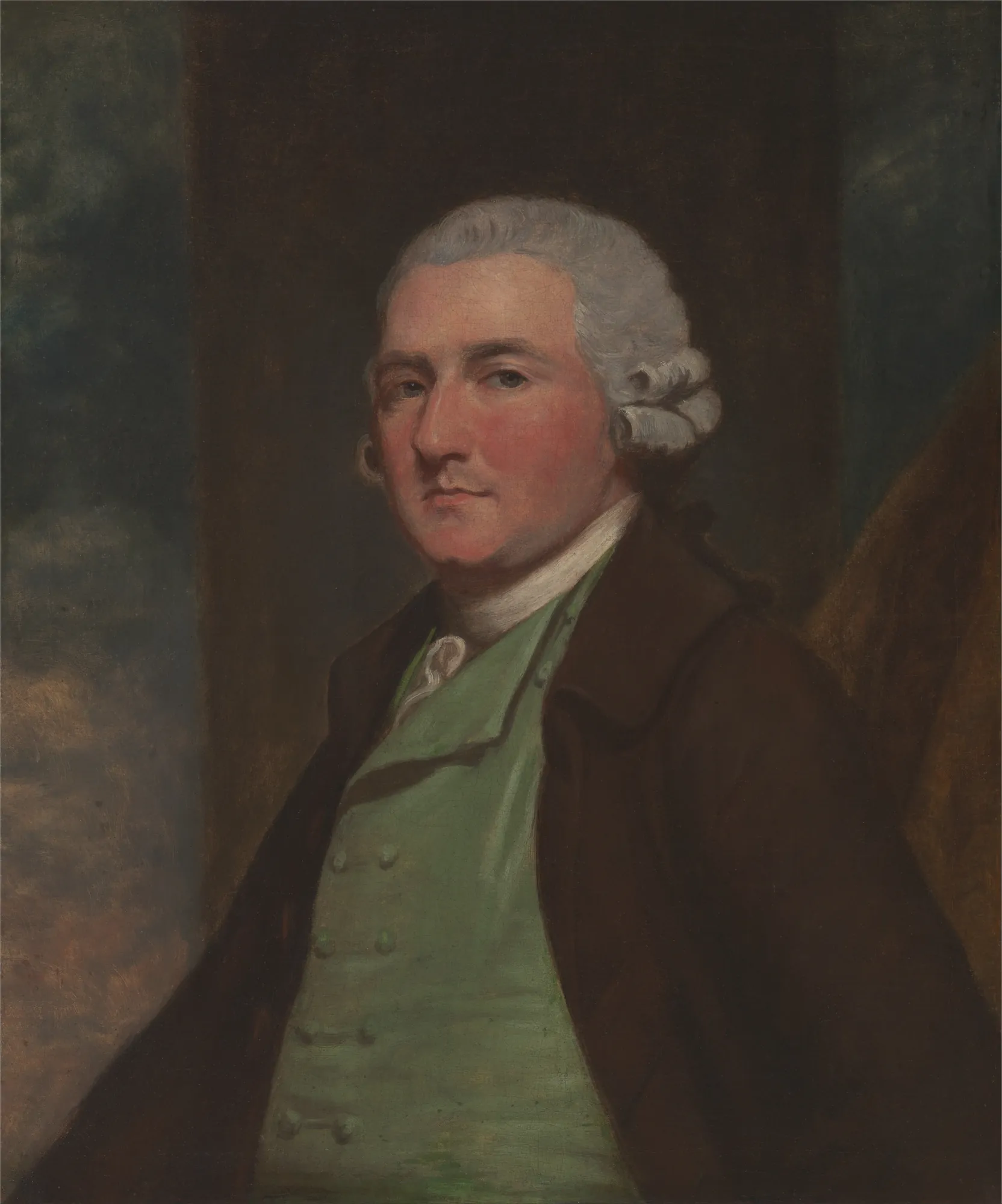 James Cross James Cross by Unknown Artist. A waist-up portrait of a man with powdered hair, wearing a brown coat and a pale green waistcoat against a dark, atmospheric background.