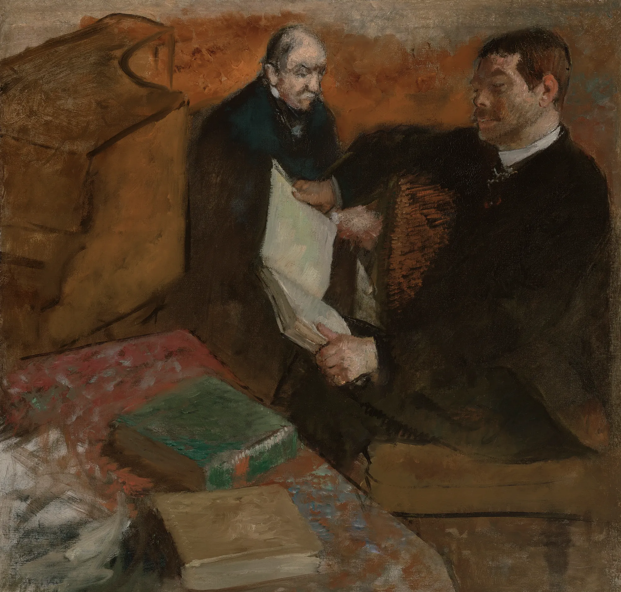 Lorenzo Pagans and Auguste de Gas Lorenzo Pagans and Auguste de Gas by Edgar Degas. Two men in dark nineteenth-century attire sit together in a dimly lit room, focusing on a book of music near a piano.