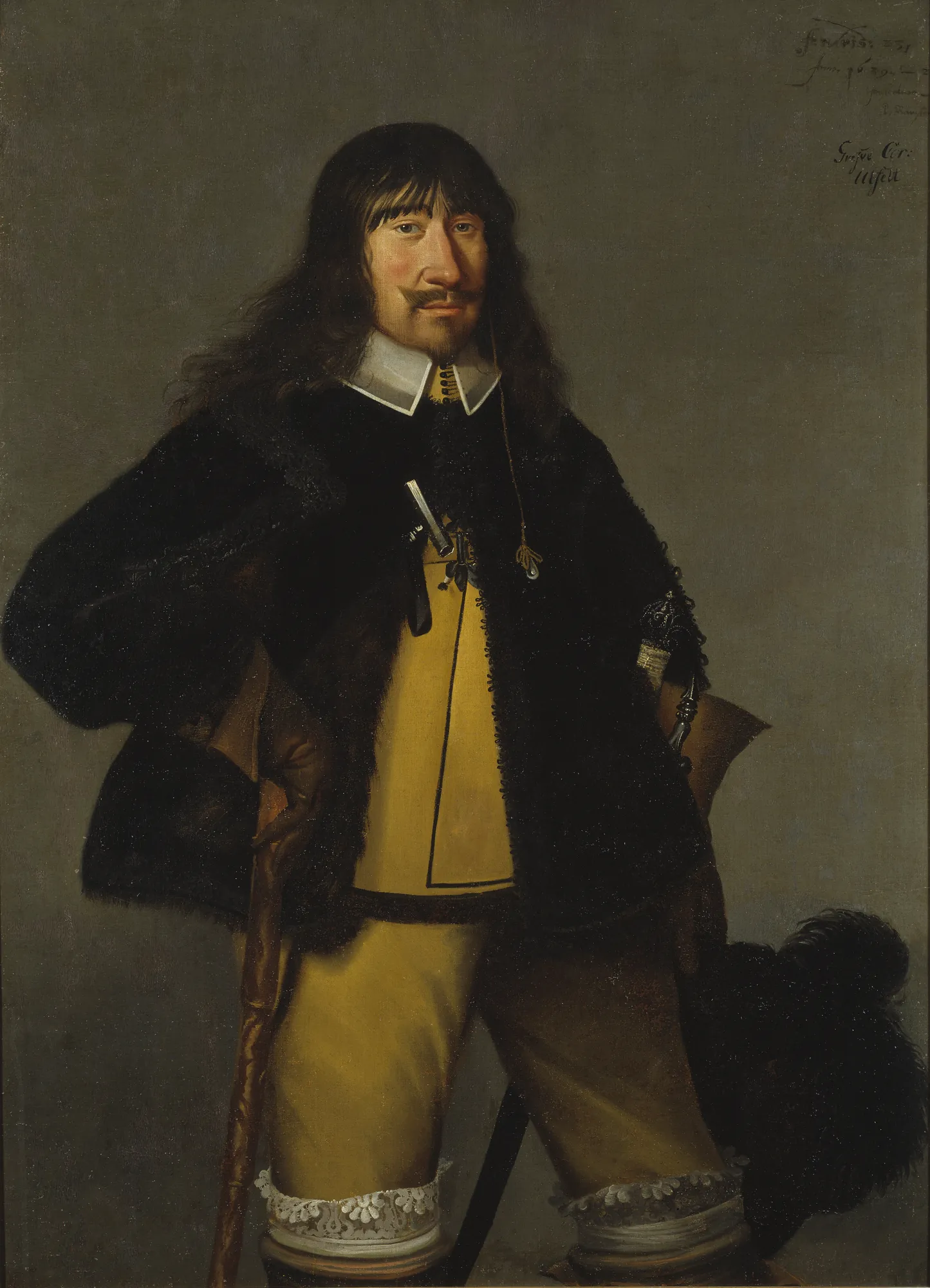 Portrait of Ebbe Ulfeld Portrait of Ebbe Ulfeld by Peter Raemsdorf. A three-quarter length portrait of a 17th-century man with dark hair and a mustache, wearing a black fur-trimmed coat over a yellow doublet.