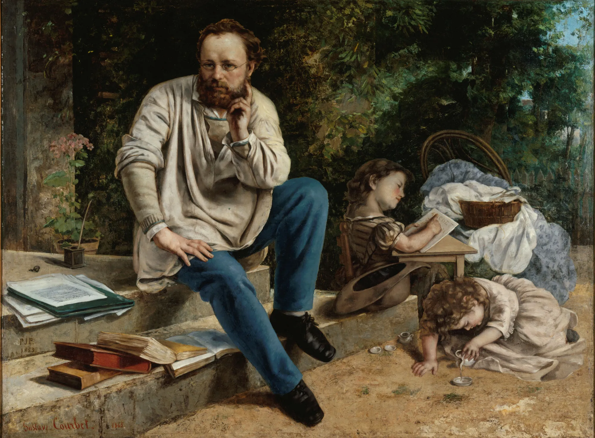 Proudhon and His Children Proudhon and His Children by Gustave Courbet. A bearded man in casual attire sits on stone steps surrounded by books, while two young girls play and study nearby in a lush outdoor setting.