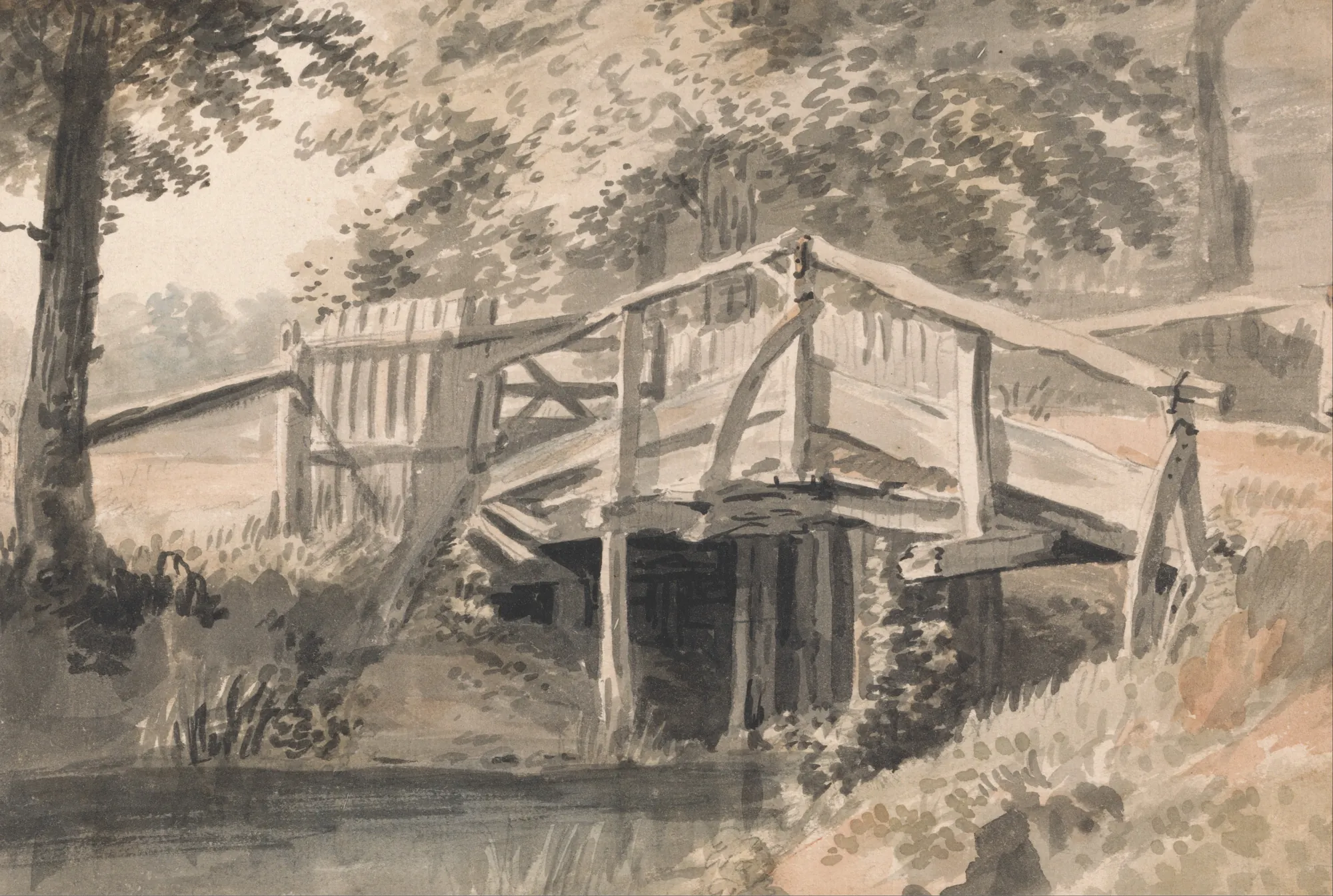 Stream and Wooden Bridge Stream and Wooden Bridge by Paul Sandby. A monochrome wash drawing depicts a rustic wooden footbridge spanning a calm stream amidst leafy trees.