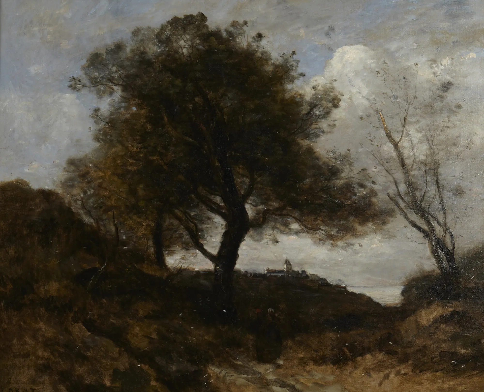 Souvenir of Normandy Souvenir of Normandy by Jean-Baptiste Camille Corot. An atmospheric landscape featuring large, wispy trees in the foreground, a path leading toward a distant village with a church spire, and a luminous cloudy sky.