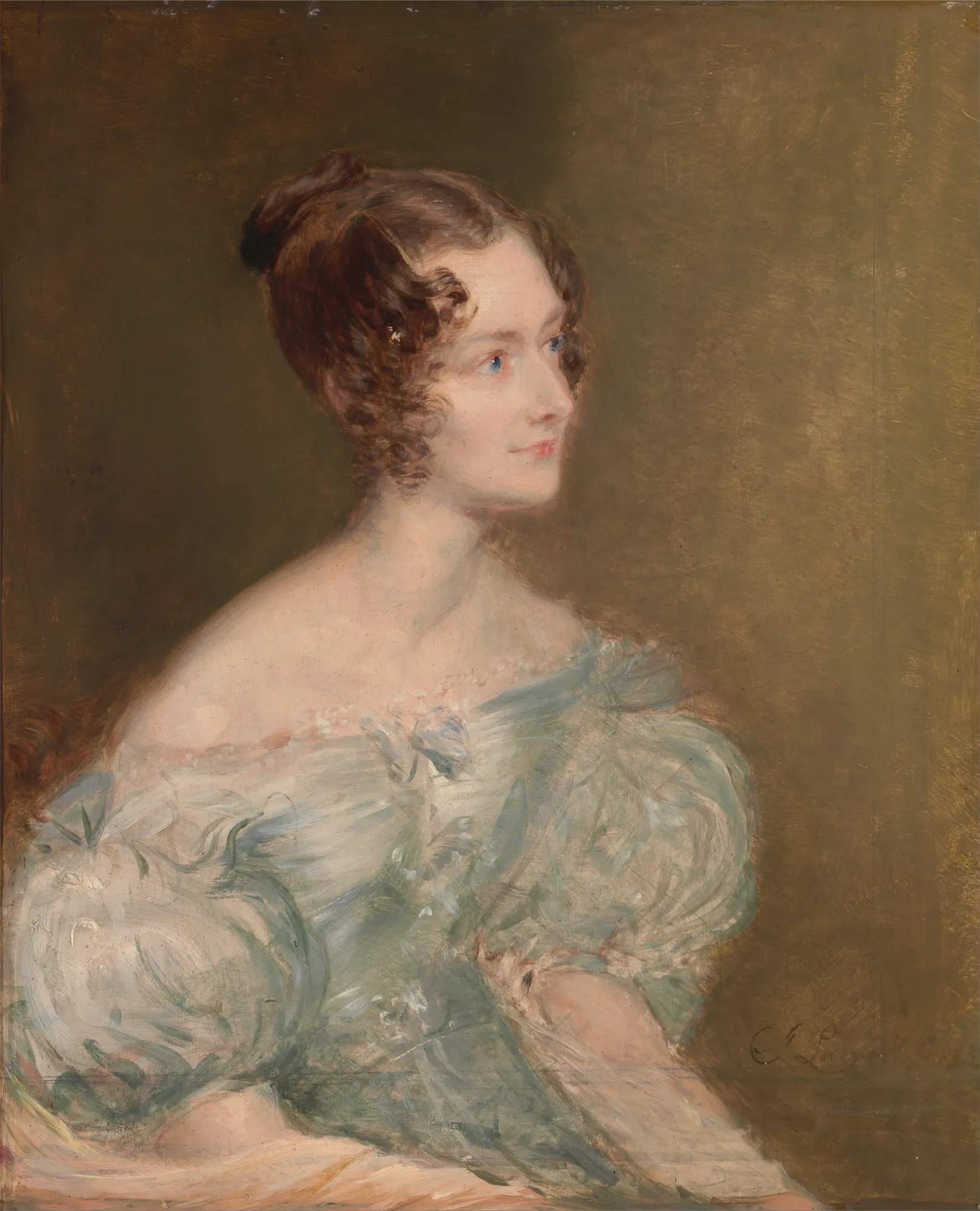 Lydia Price (née Rose) Lydia Price (née Rose) by John Linnell. A three-quarter portrait of a young woman with brown hair in ringlets, wearing a pale blue gown with large puffed sleeves, set against a dark olive-brown background.