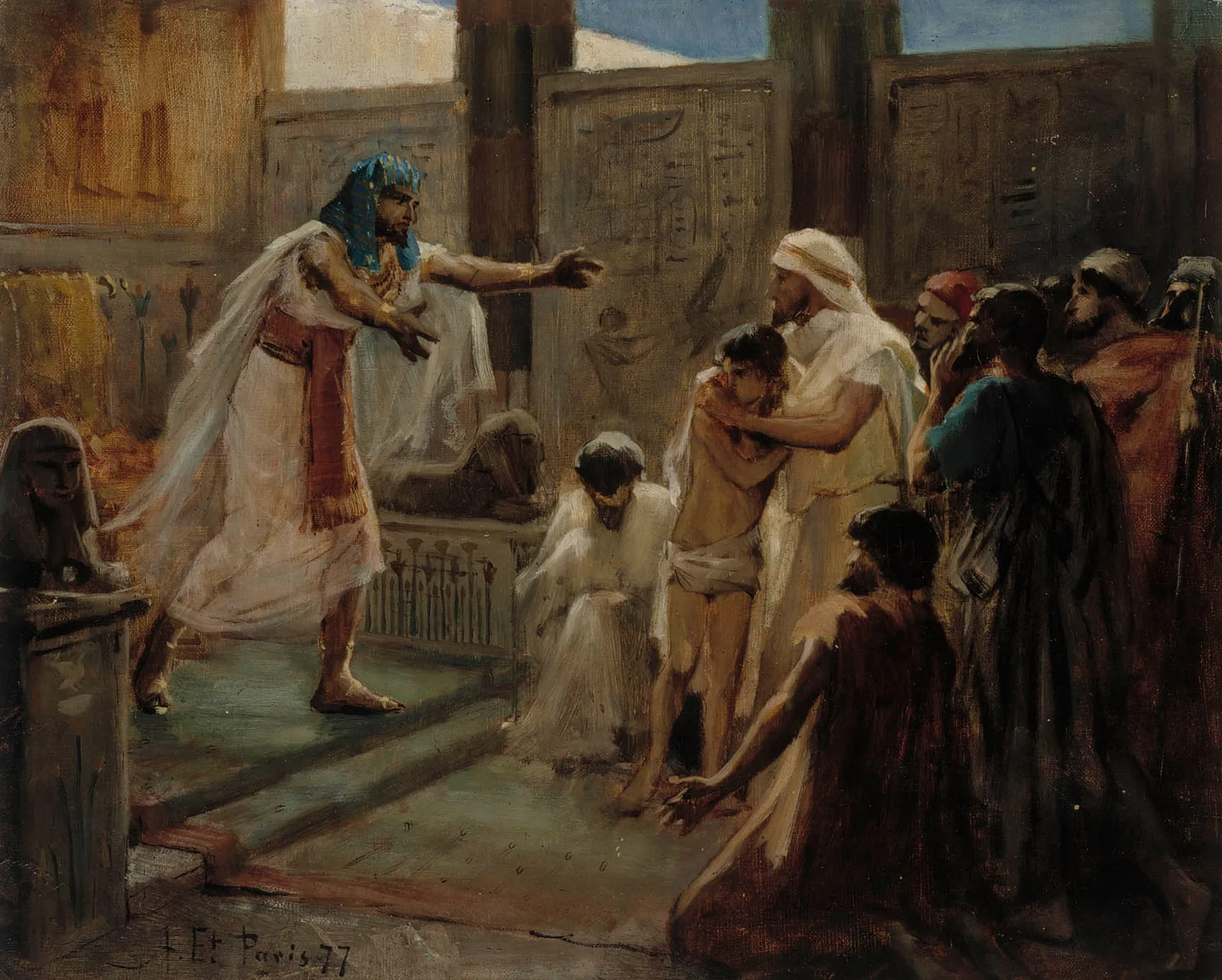 Joseph and His Brothers Joseph and His Brothers by Albert Edelfelt. A central figure in a white robe and blue headdress gestures toward a group of men in a dimly lit, ancient Egyptian architectural interior.