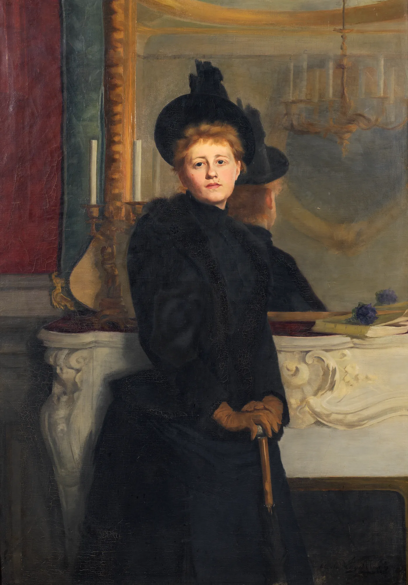 Self-Portrait Self-Portrait by Ava de Lagercrantz. A woman in a formal black dress and feathered hat stands in front of a marble fireplace and a large mirror.