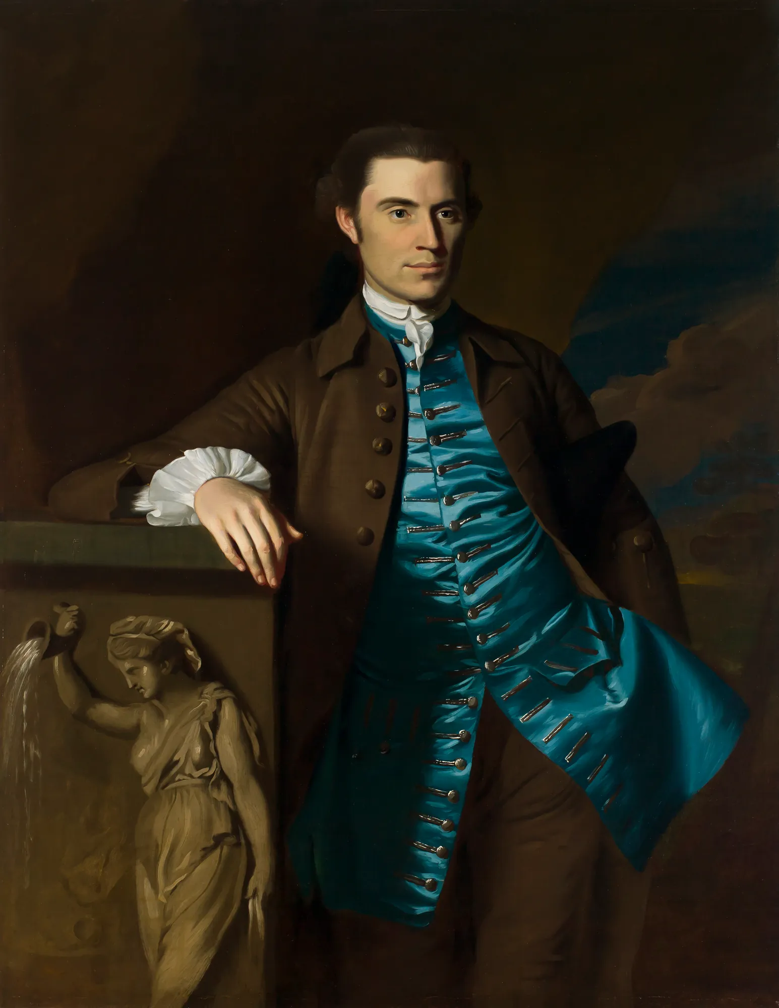 Thaddeus Burr Thaddeus Burr by John Singleton Copley. A portrait of a man in a brown coat and shimmering blue waistcoat leaning against a stone pedestal with a sculptural relief.