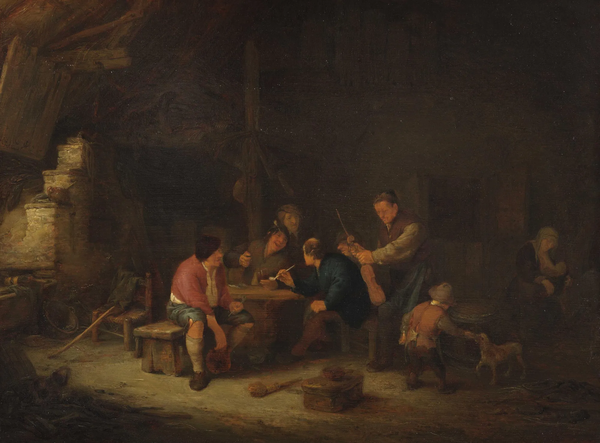 Interior with Peasants and a Violinist Interior with Peasants and a Violinist by Adriaen van Ostade. A group of peasants gather in a dark, cavernous rustic interior around a small table, spotlighted while one man prepares to play a violin.