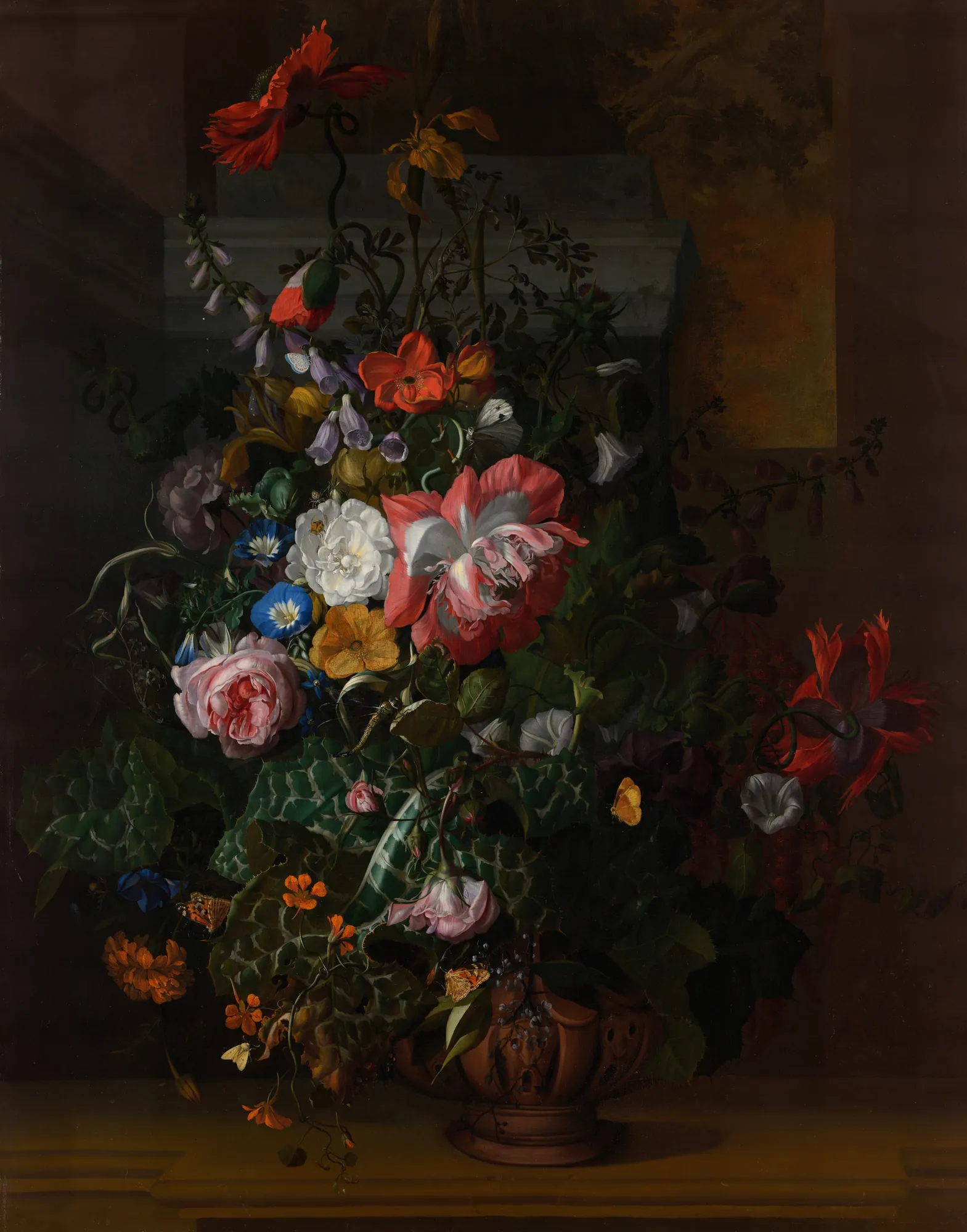 Flowers in an Urn on a Stone Ledge