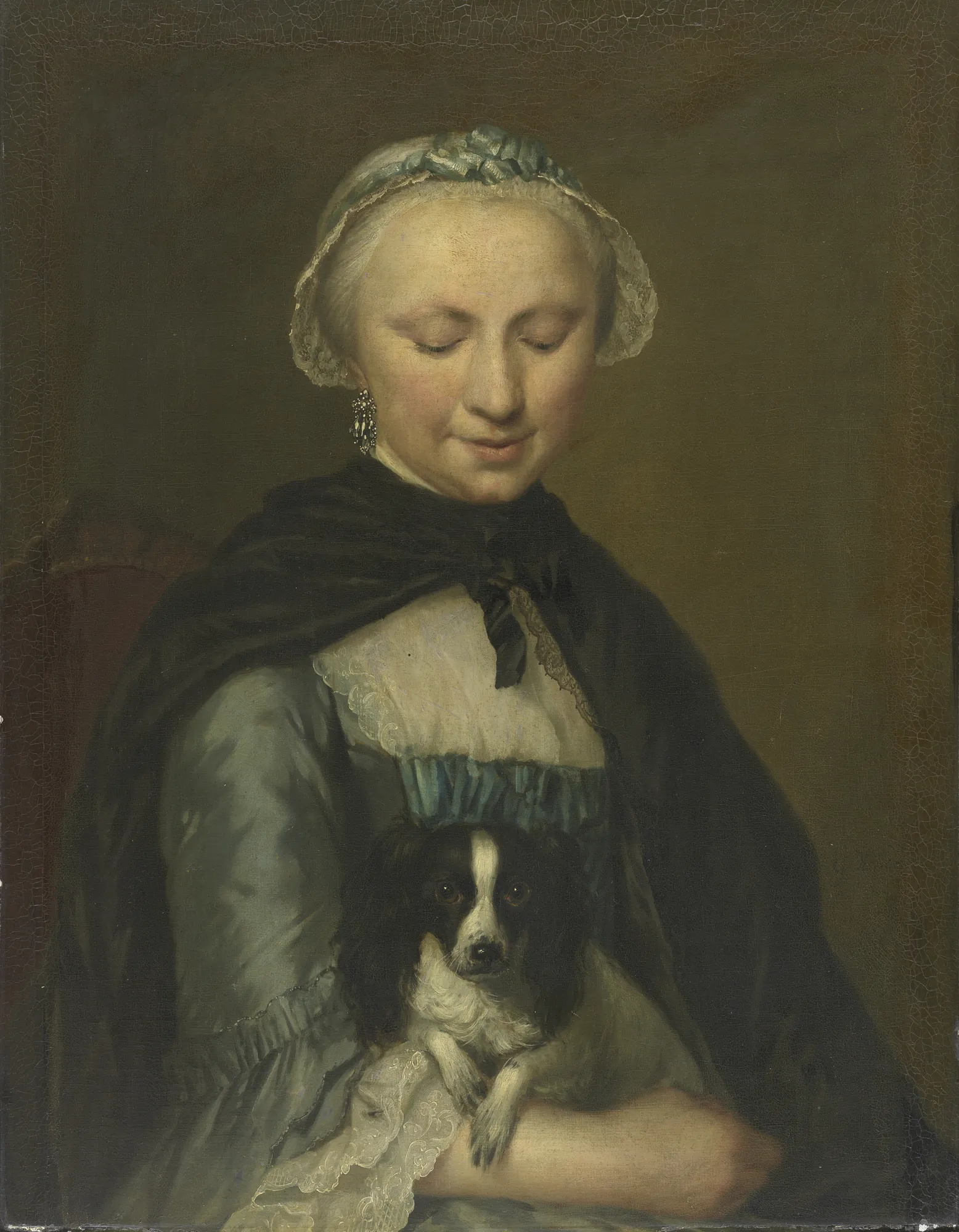 Antoinette Metayer Antoinette Metayer by George van der Mijn. An 18th-century oil portrait of a woman wearing a lace bonnet and a dark cloak, cradling a small black and white spaniel.