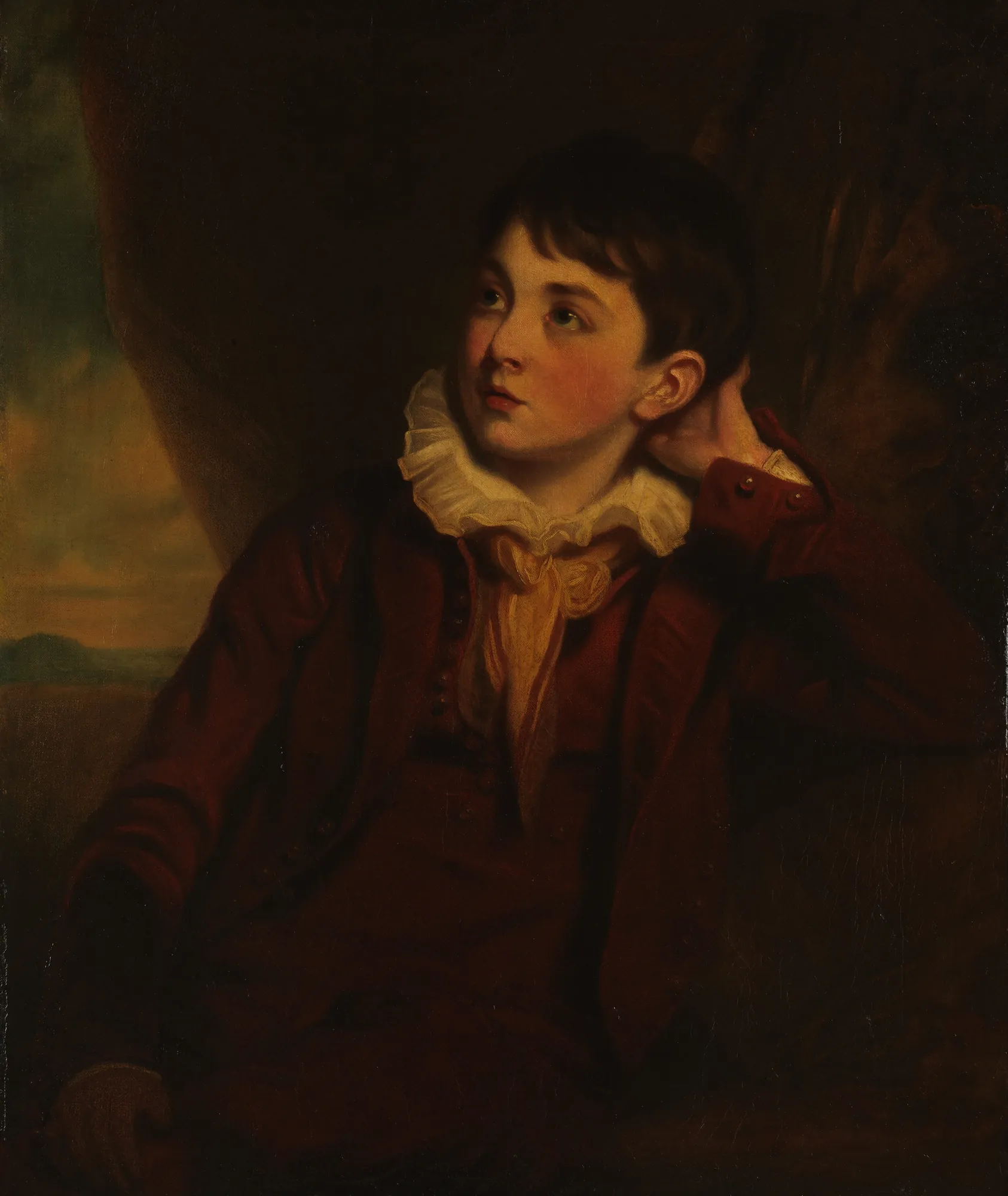William Archer Shee William Archer Shee by Martin Archer Shee. A portrait of a young boy with dark hair and a white ruffled collar, wearing a deep red jacket against a dark, atmospheric background.