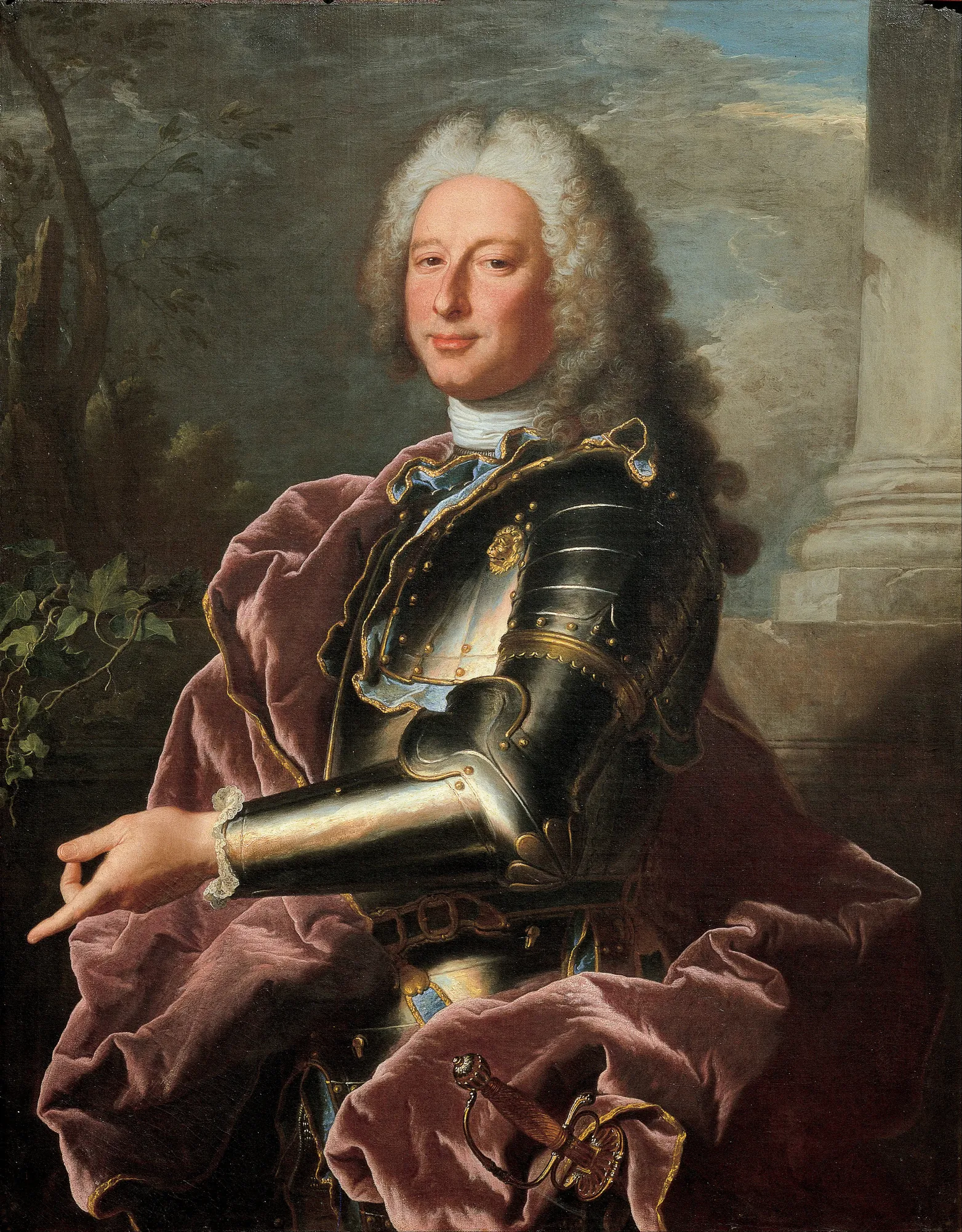 Giovanni Francesco II Brignole-Sale Giovanni Francesco II Brignole-Sale by Hyacinthe Rigaud. A half-length portrait of a nobleman in polished black armor and a voluminous purple velvet cloak, set against a background with a classical column and a cloudy sky.