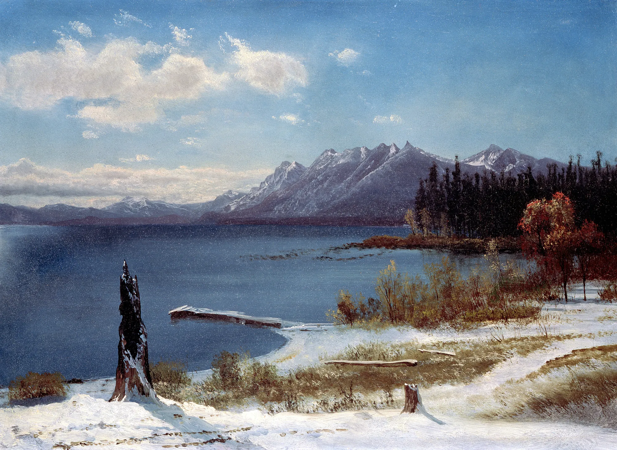 Lake Tahoe in Winter Lake Tahoe in Winter by Albert Bierstadt. A serene winter landscape featuring a snow-covered shoreline, a calm blue lake, and distant snow-capped mountains under a soft blue sky.