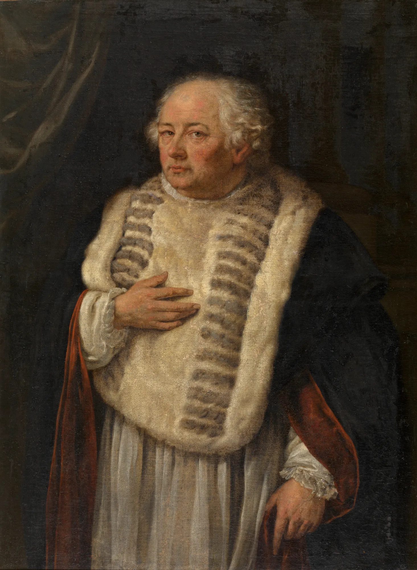 Portrait of Antoon de Vries Portrait of Antoon de Vries by Willem Jacob Herreyns. A formal portrait of an older man with white hair wearing a dark robe with a thick, spotted fur collar, gesturing toward his chest.