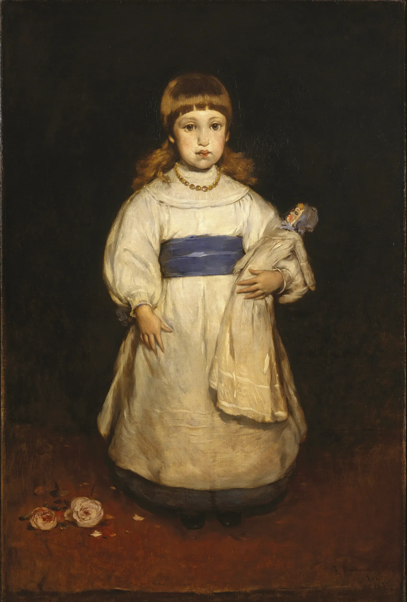 Mary Cabot Wheelwright Mary Cabot Wheelwright by Frank Duveneck. A full-length portrait of a young girl in a white dress with a blue sash, holding a doll against a dark, atmospheric background.