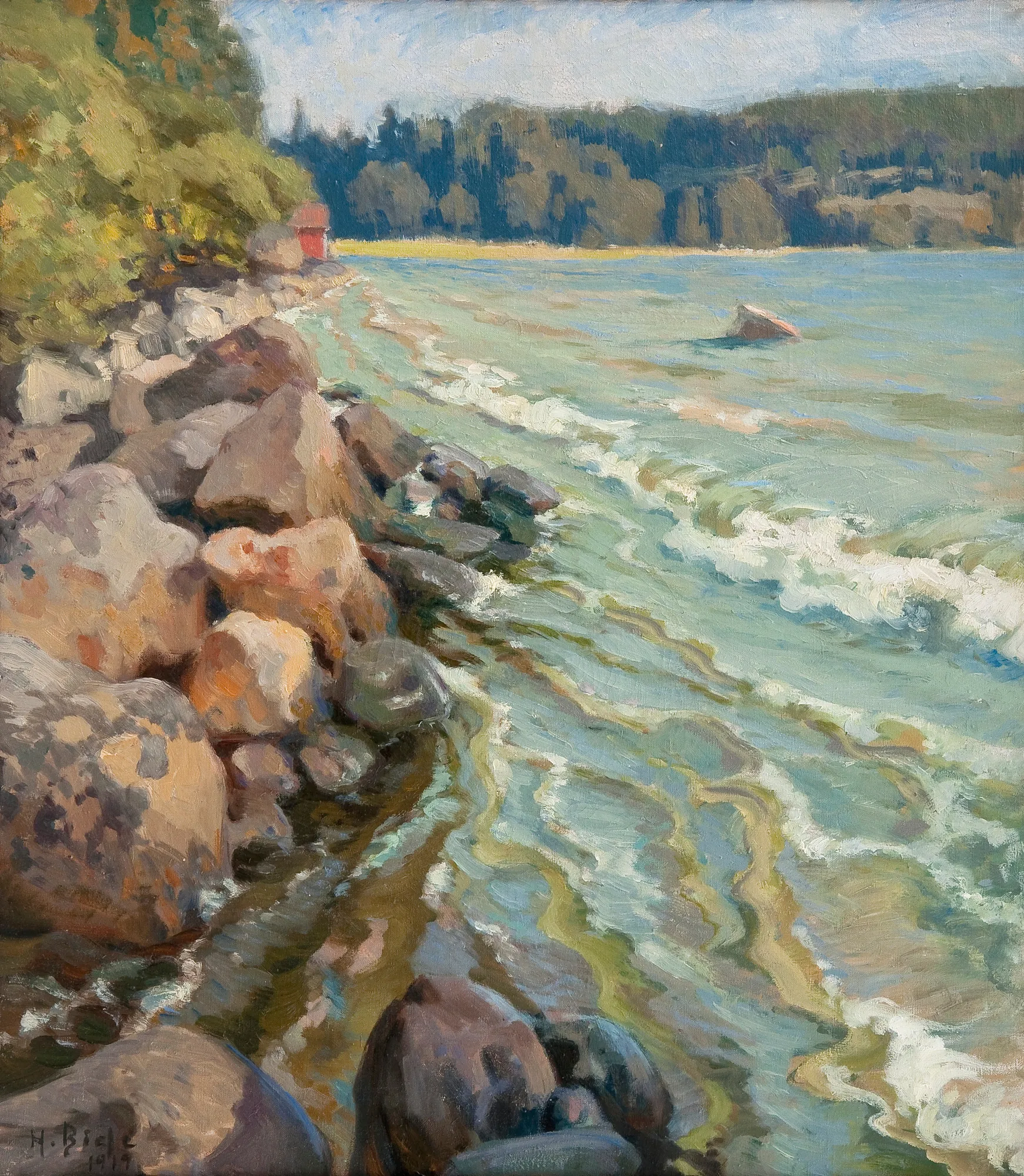 Rocks on the Shore Rocks on the Shore by Helmi Biese. An impressionistic oil painting of a rocky coastline where gentle waves wash over stones, featuring a small red house on the distant bank.