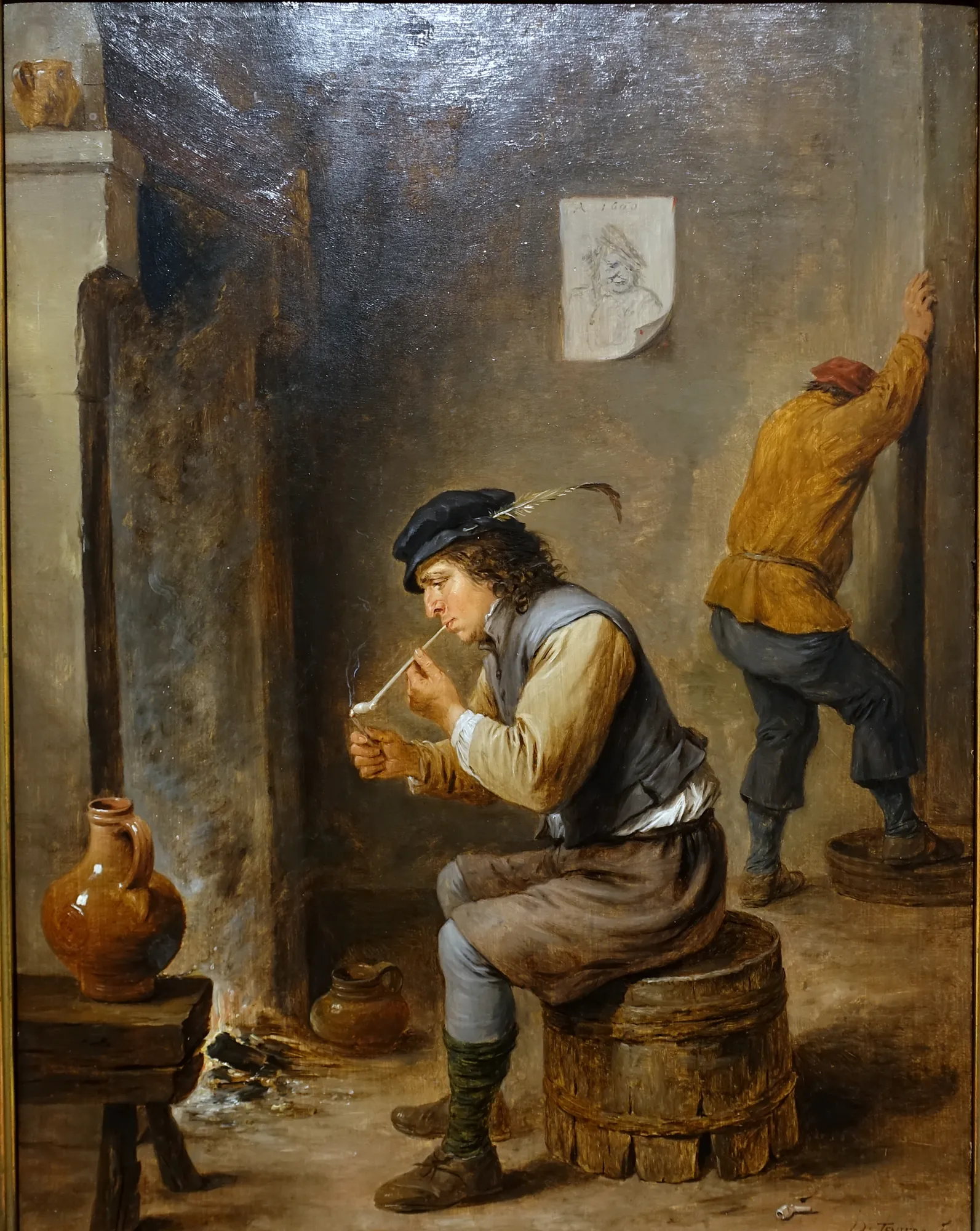 Smoker by a Hearth Smoker by a Hearth by David Teniers the Younger. A 17th-century man in a blue vest sits on a wooden barrel, lighting a clay pipe at a hearth while another man leans against a wall in the background.