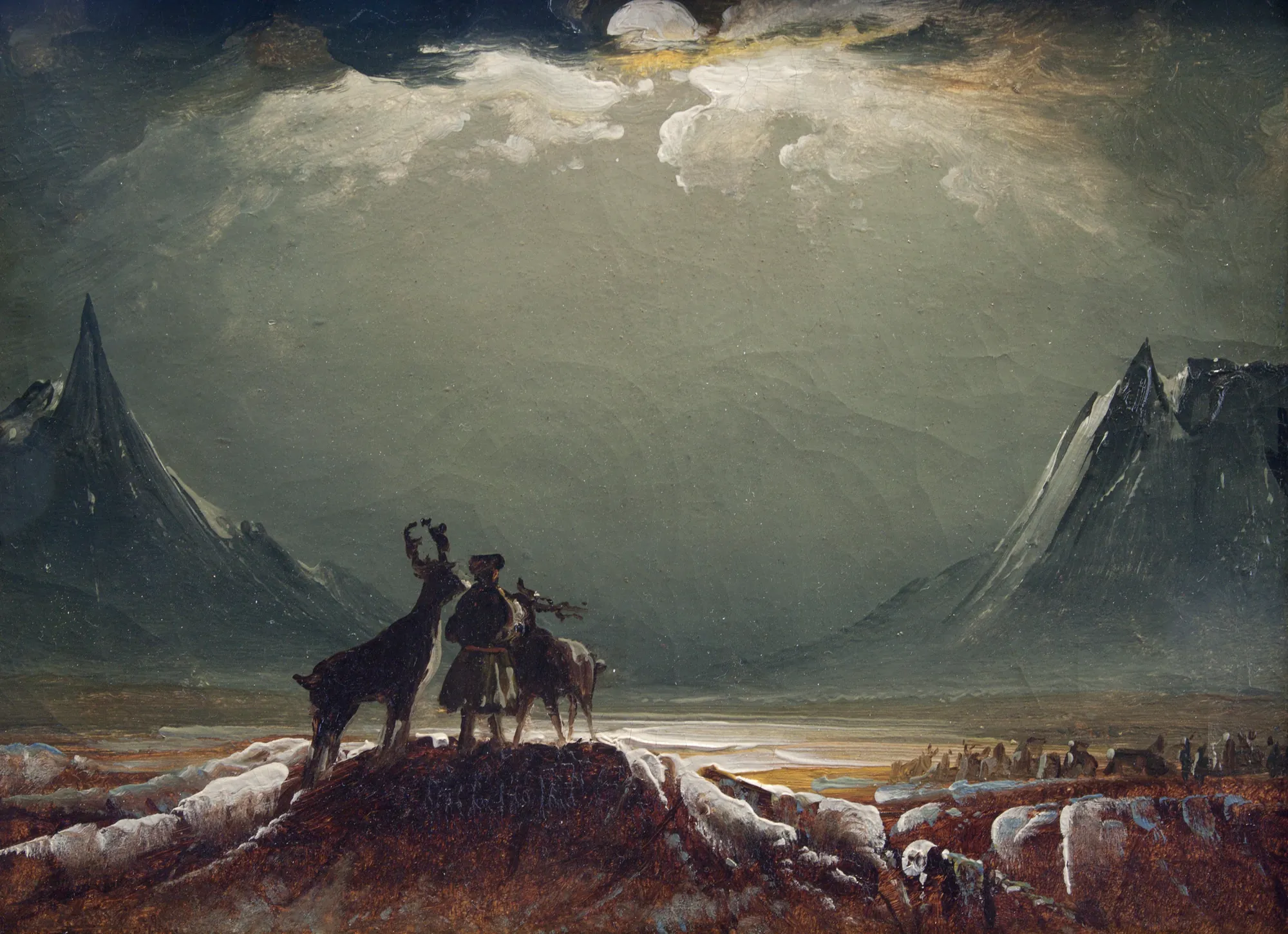 Finnmark Landscape with Sami and Reindeer Finnmark Landscape with Sami and Reindeer by Peder Balke. A dramatic mountainous landscape under a dark, clouded sky where light breaks through, featuring a Sami figure and reindeer in the foreground.