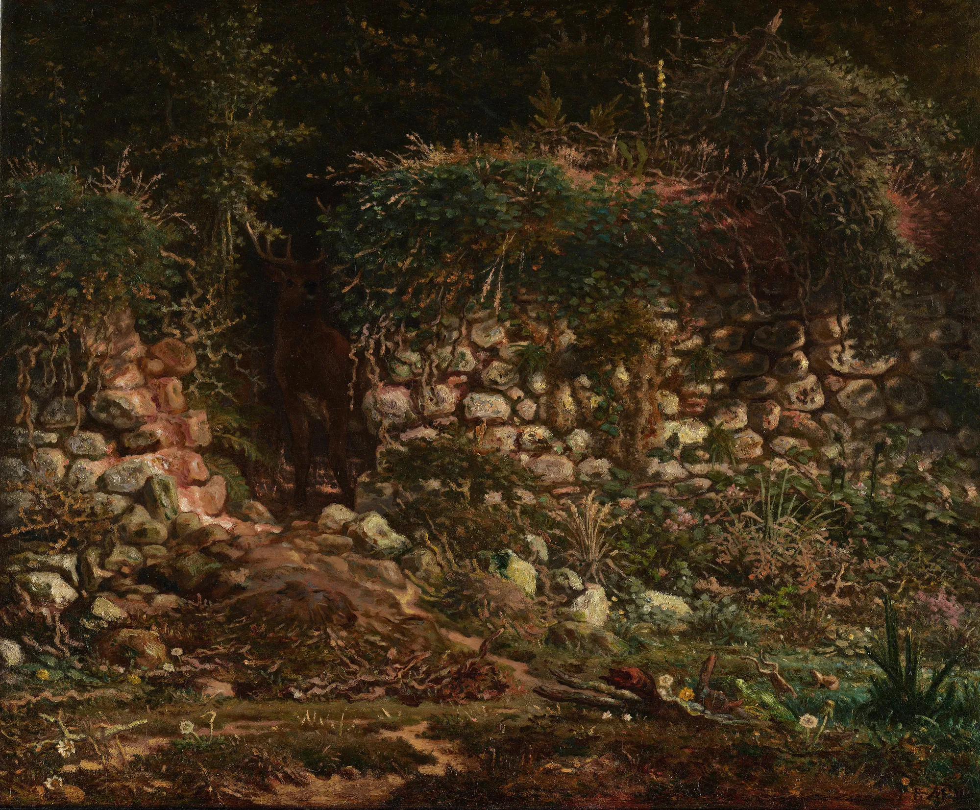 The Old Wall The Old Wall by Jean-François Millet. A stag stands in the shadowed gap of a crumbling stone wall overgrown with lush green foliage and wildflowers.