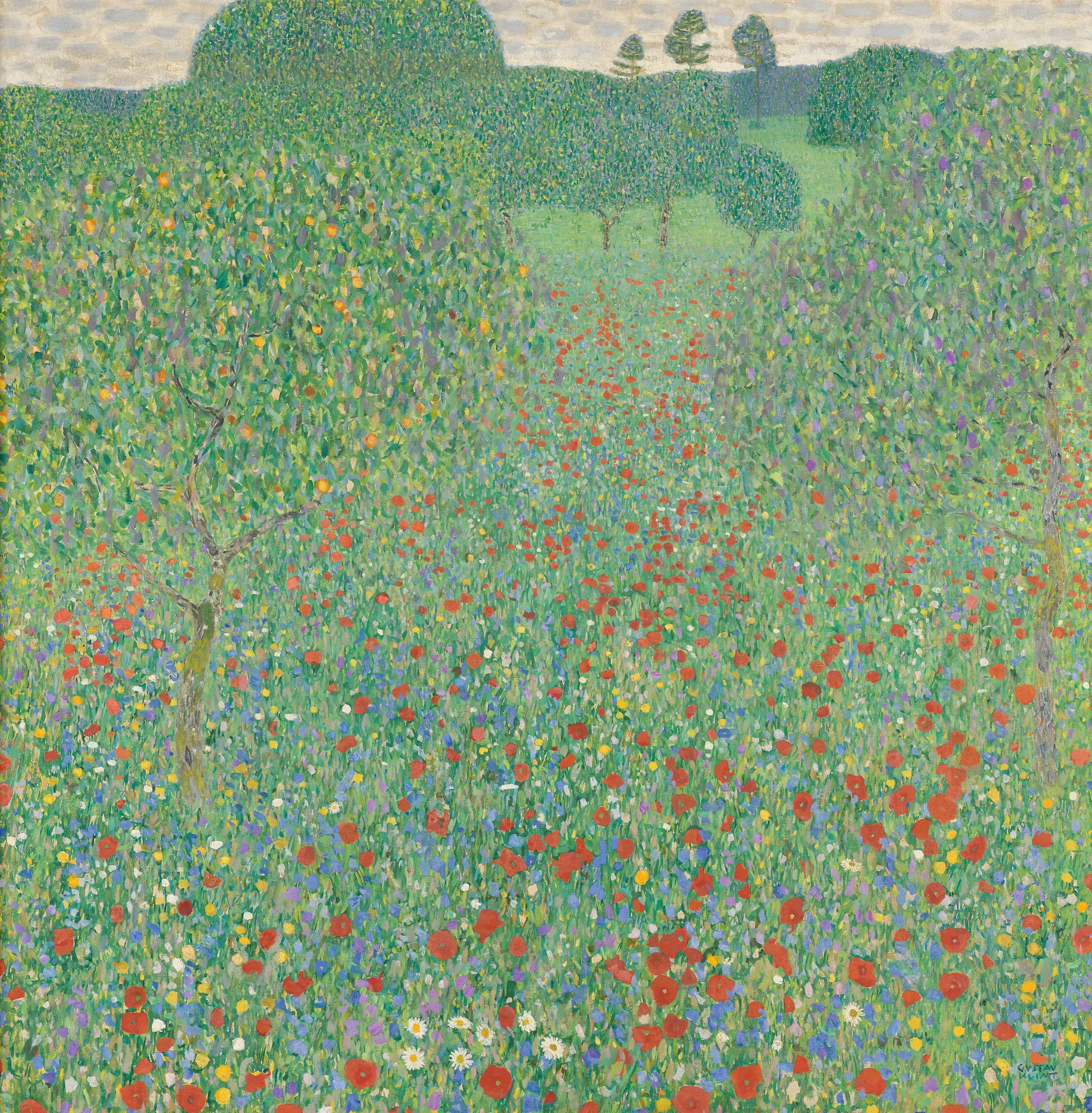 Poppy Field (Mohnfeld) Poppy Field (Mohnfeld) by Gustav Klimt. A vibrant field of red poppies and blue wildflowers interspersed among lush green fruit trees in a stylized, decorative landscape.