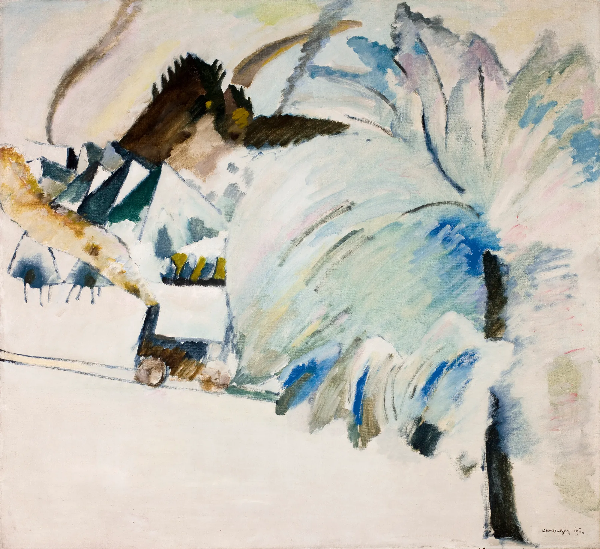 Murnau with Locomotive Murnau with Locomotive by Wassily Kandinsky. An expressive, semi-abstracted winter landscape featuring a small steam locomotive moving through a snowy scene with a prominent, fan-like tree form on the right.