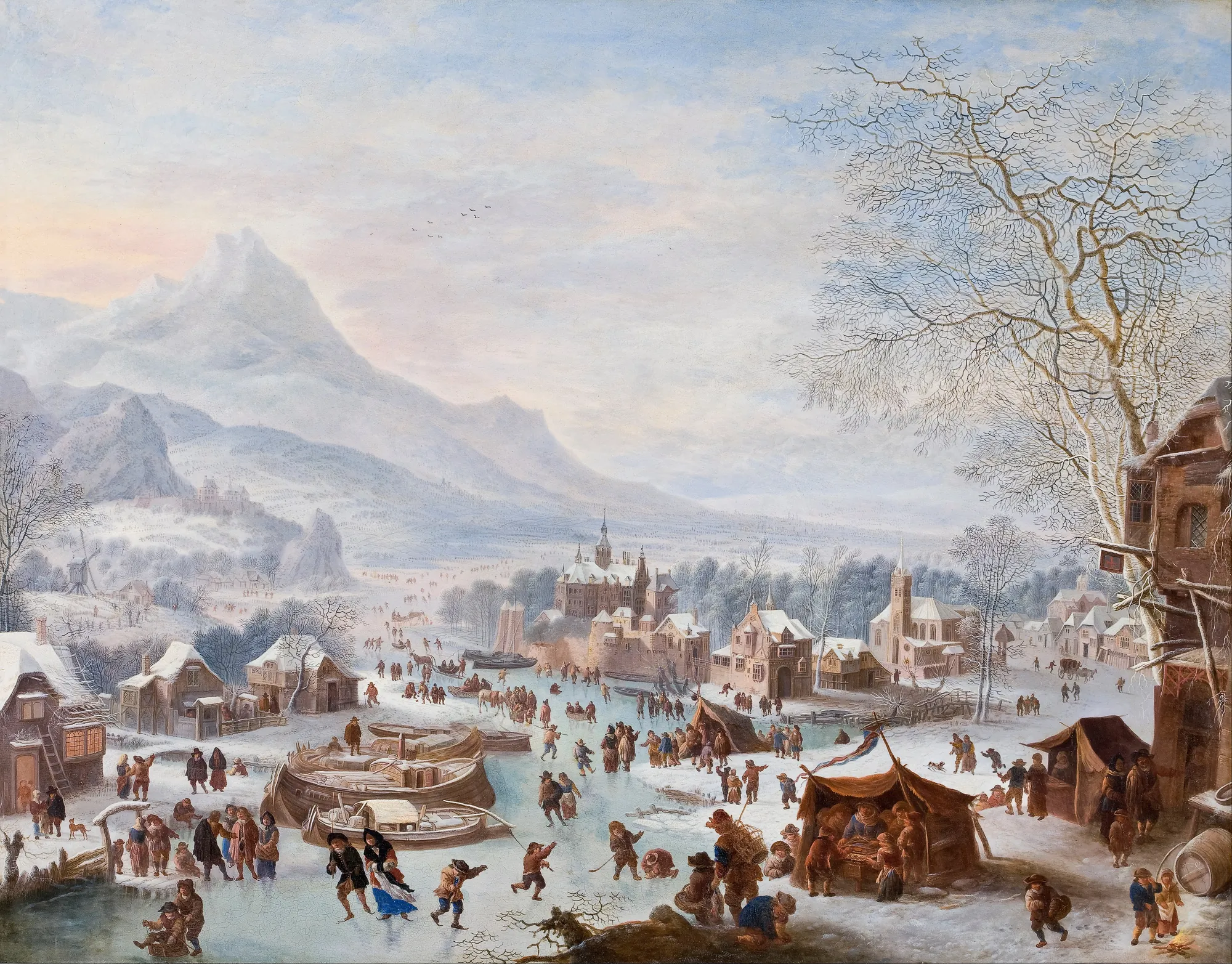 Winter Scene with Skaters Winter Scene with Skaters by Jan Griffier I. A panoramic winter landscape featuring numerous figures skating and socializing on a frozen river amidst a snowy village and distant mountains.