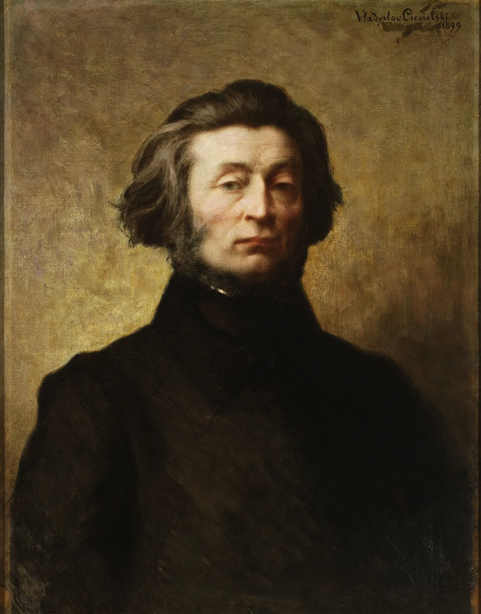 Portrait of Adam Mickiewicz Portrait of Adam Mickiewicz by Władysław Ciesielski. A bust-length oil portrait of a middle-aged man with dark, wavy hair and a beard, dressed in a black coat against a warm, textured gold background.