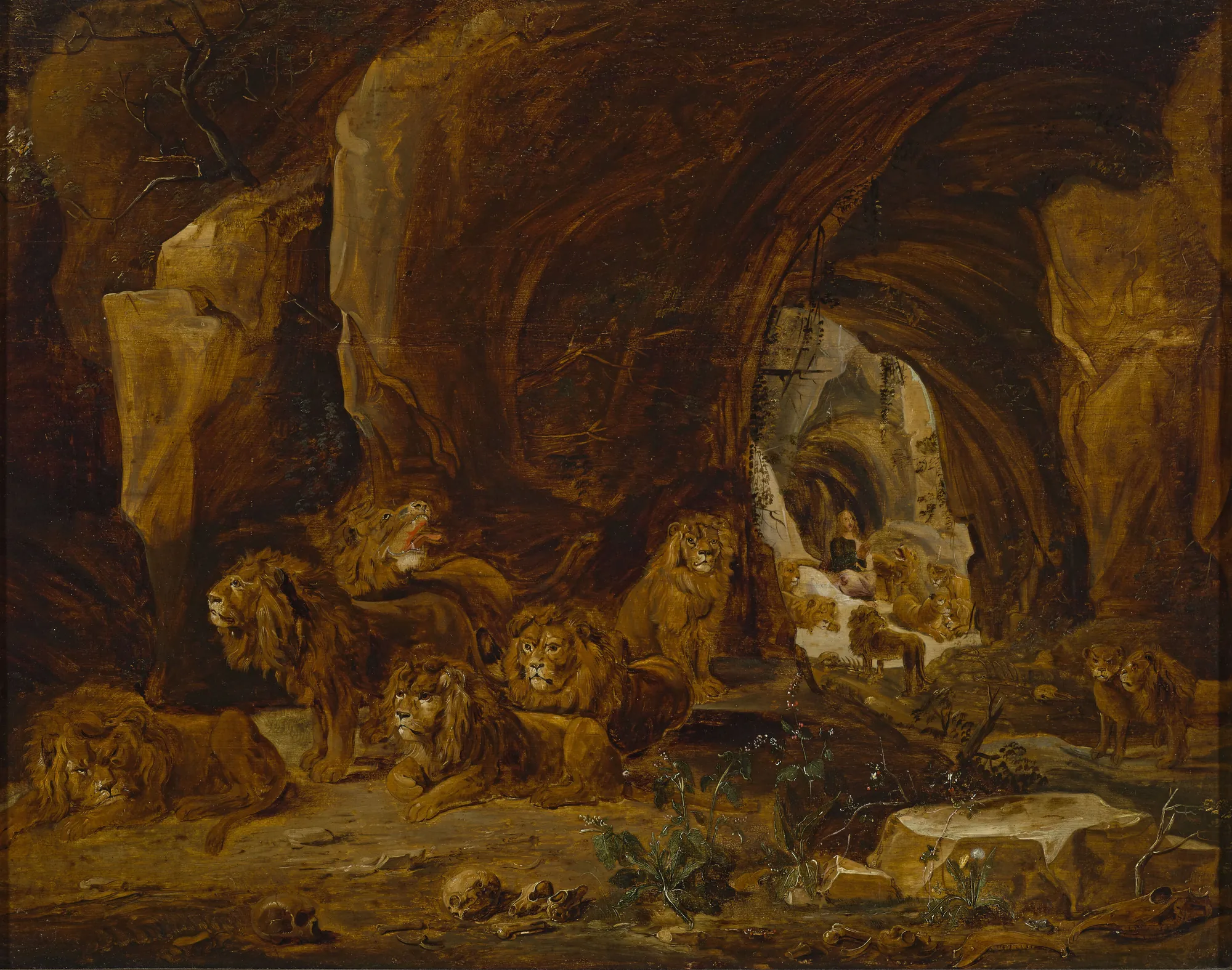 Daniel in the Lions' Den Daniel in the Lions' Den by David Teniers the Younger. A group of lions rests in a dark, rocky cave while the figure of Daniel is seen praying in a luminous opening in the background.