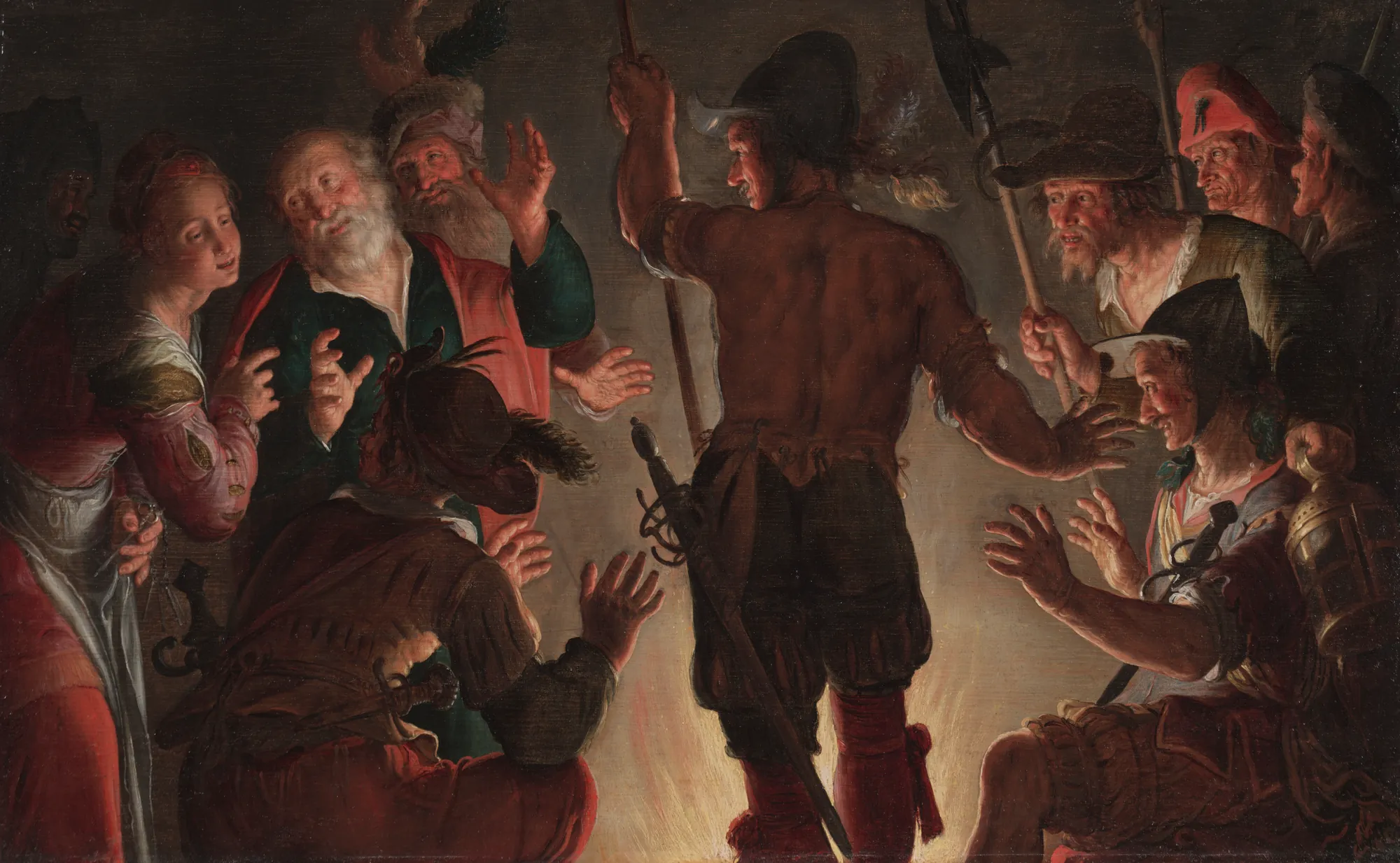 The Denial of Peter The Denial of Peter by Peter Wtewael. A group of soldiers and a maid confront an elderly bearded man around a fire in a dark, dramatically lit interior.