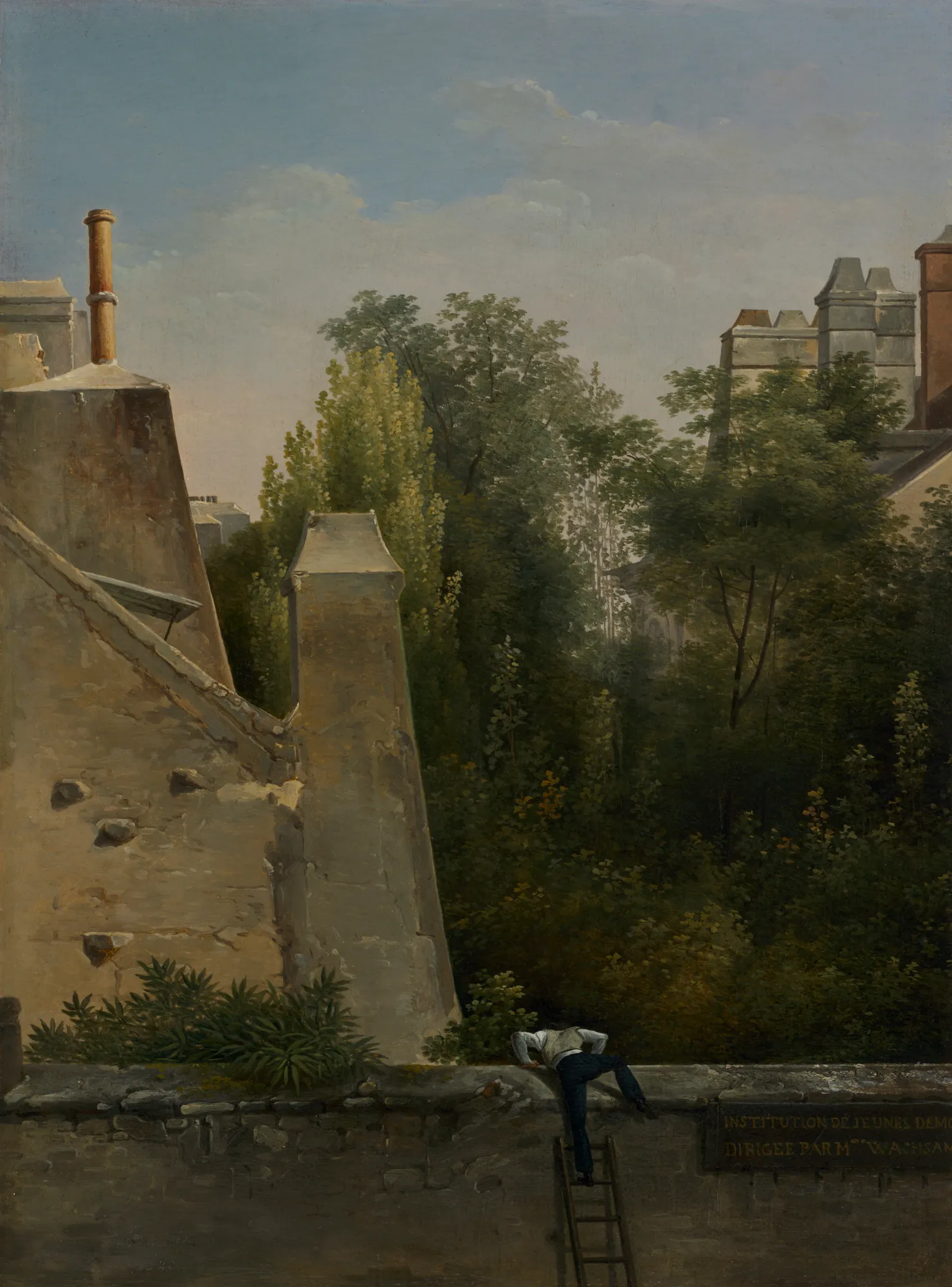 The Curious One The Curious One by Pierre-Antoine Mongin. A man on a ladder peeks over a stone wall into a lush, wooded garden surrounded by weathered old buildings.