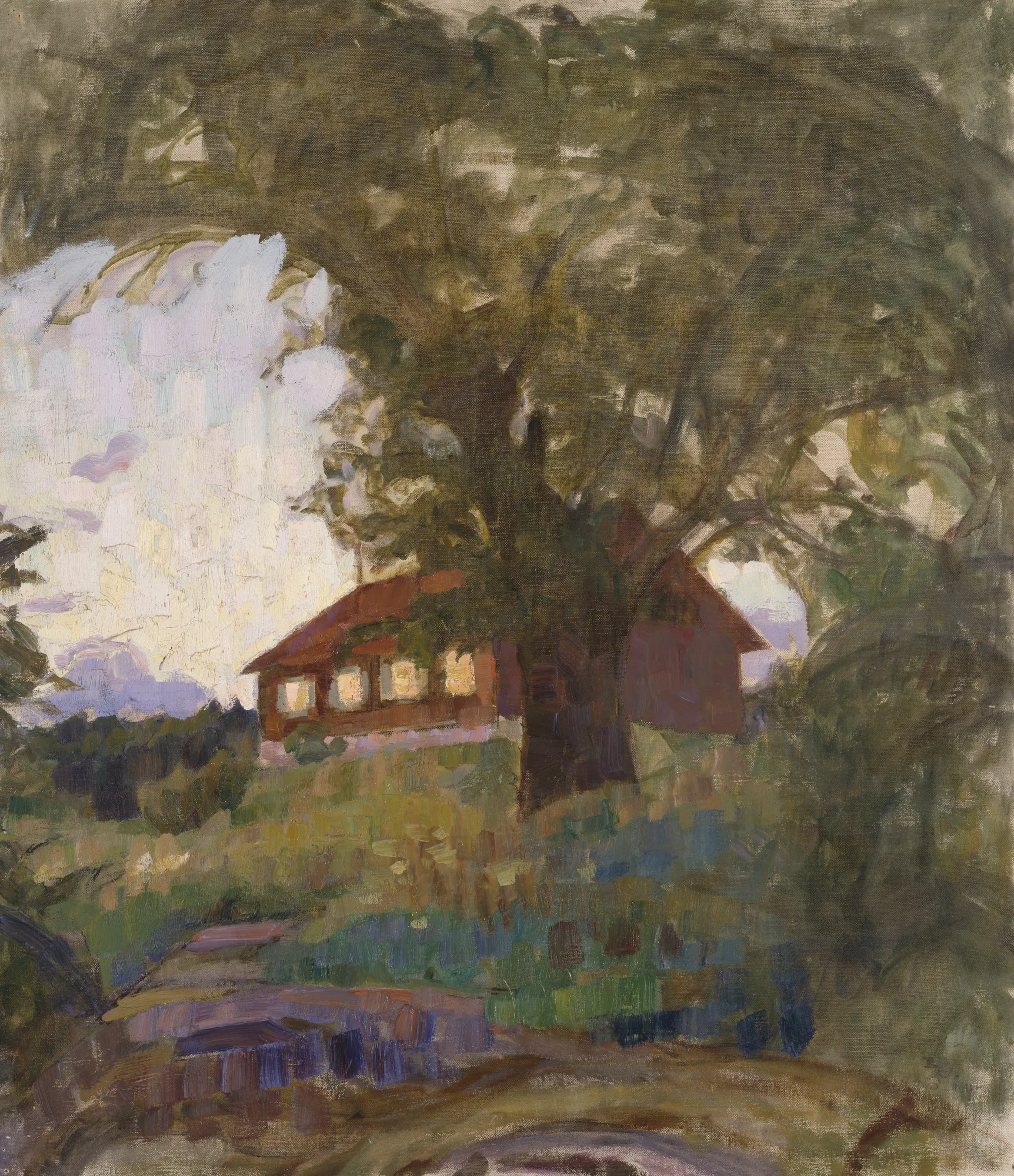 The Verger's House at Tyresö The Verger's House at Tyresö by Richard Bergh. An oil painting of a red-roofed house nestled behind the dark, sweeping branches of a large tree on a grassy hillside.