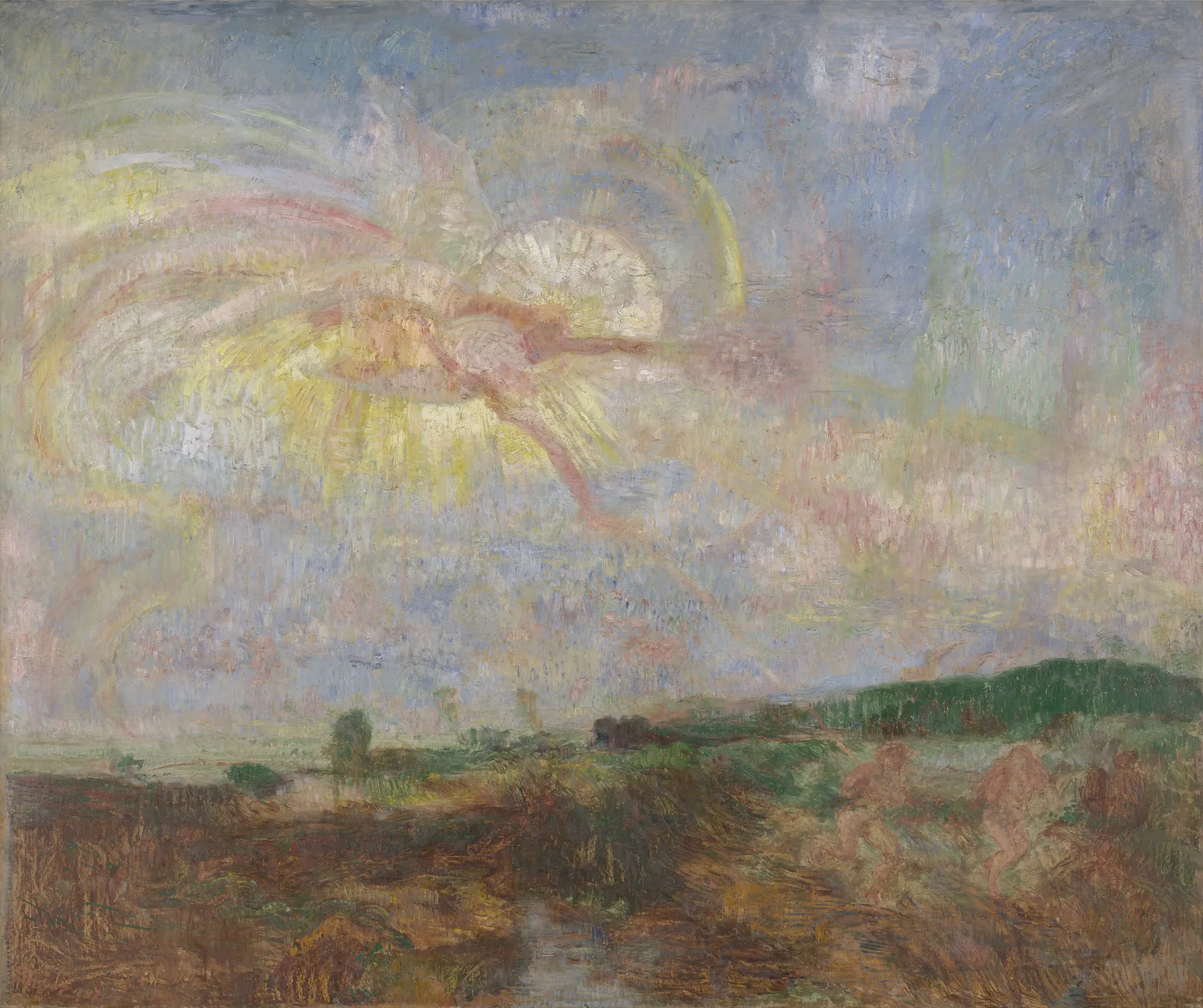 Adam and Eve Expelled from Paradise Adam and Eve Expelled from Paradise by James Ensor. A luminous, atmospheric painting depicting a swirling burst of golden and iridescent light in the sky above a dark, textured landscape with fleeing figures.