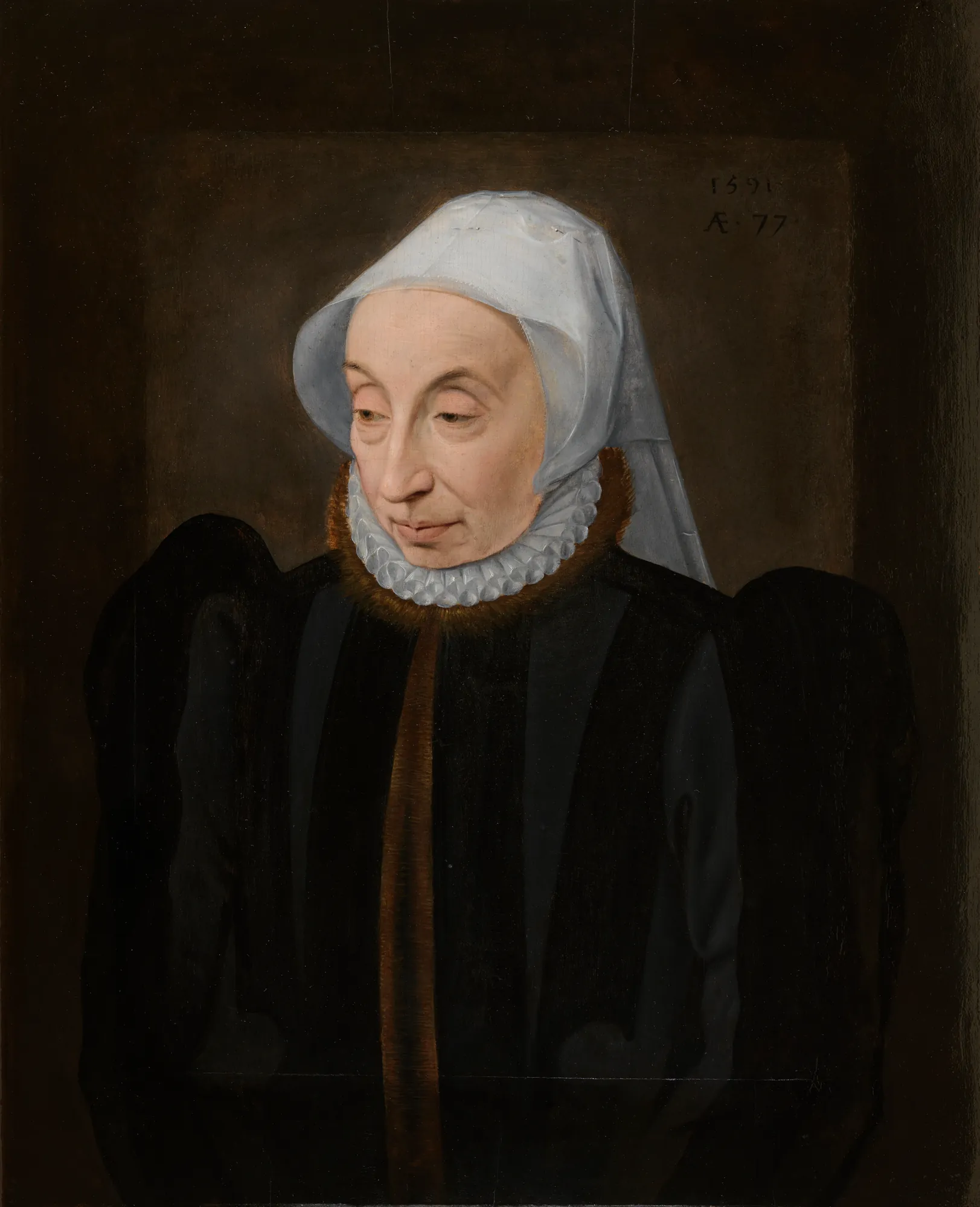 Portrait of Adriana Gras Portrait of Adriana Gras by Unknown Artist. A portrait of an elderly woman wearing a white coif and a ruff collar against a dark background.