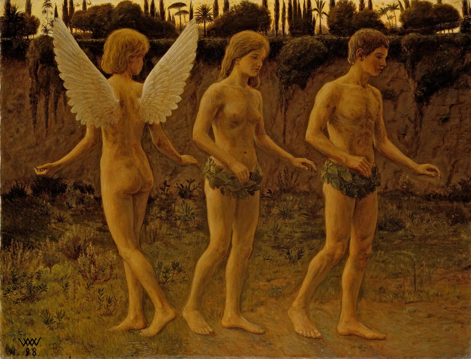 Outside the Paradise Walls Outside the Paradise Walls by Wilhelm Wetlesen. Three figures—two humans wearing leaf girdles and one winged figure—walk in a line through a rugged landscape bathed in golden twilight.