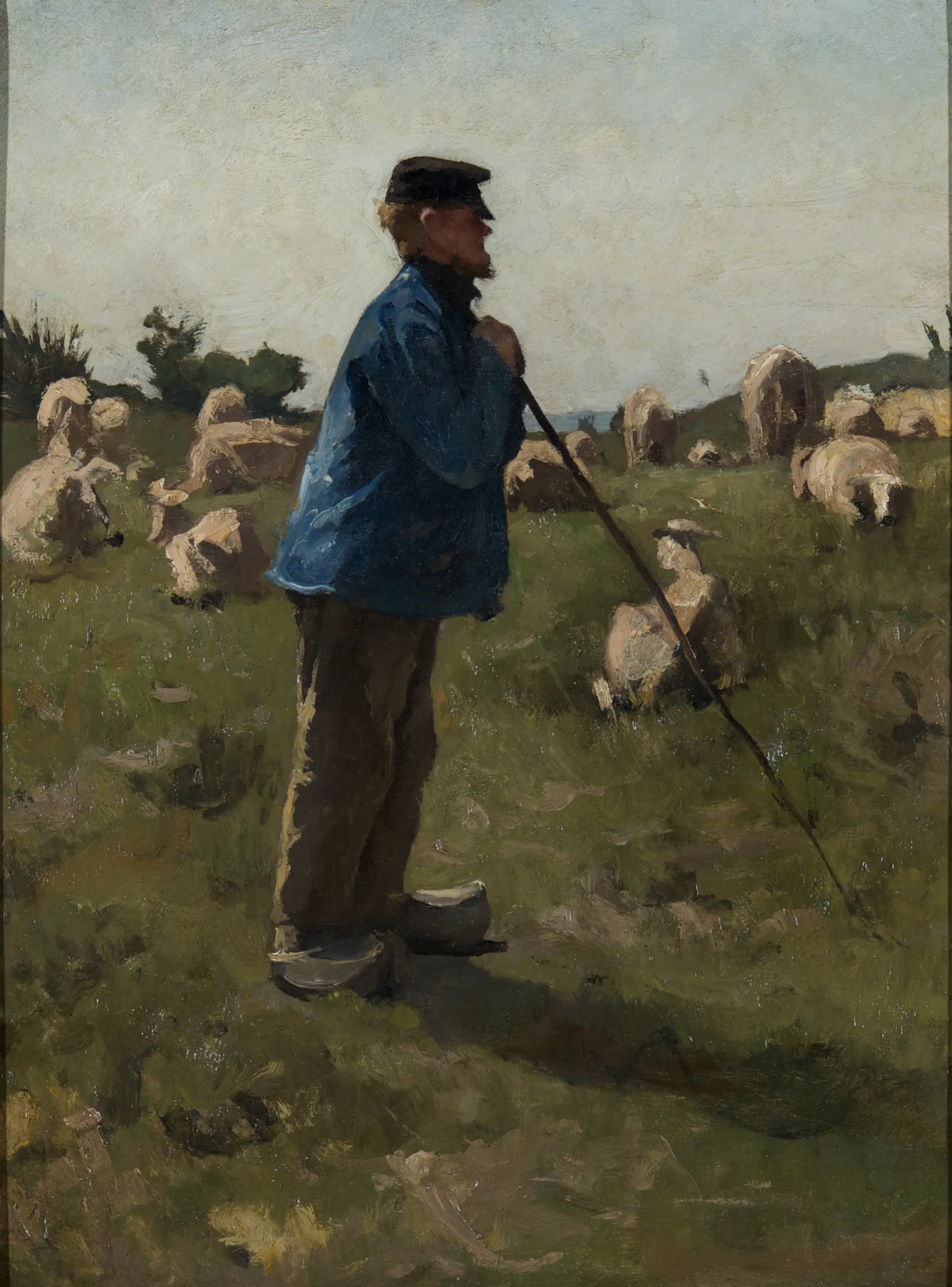 The Shepherd The Shepherd by Willem Witsen. A lone shepherd in a blue jacket stands in a field leaning on a staff, surrounded by his grazing flock under a soft sky.