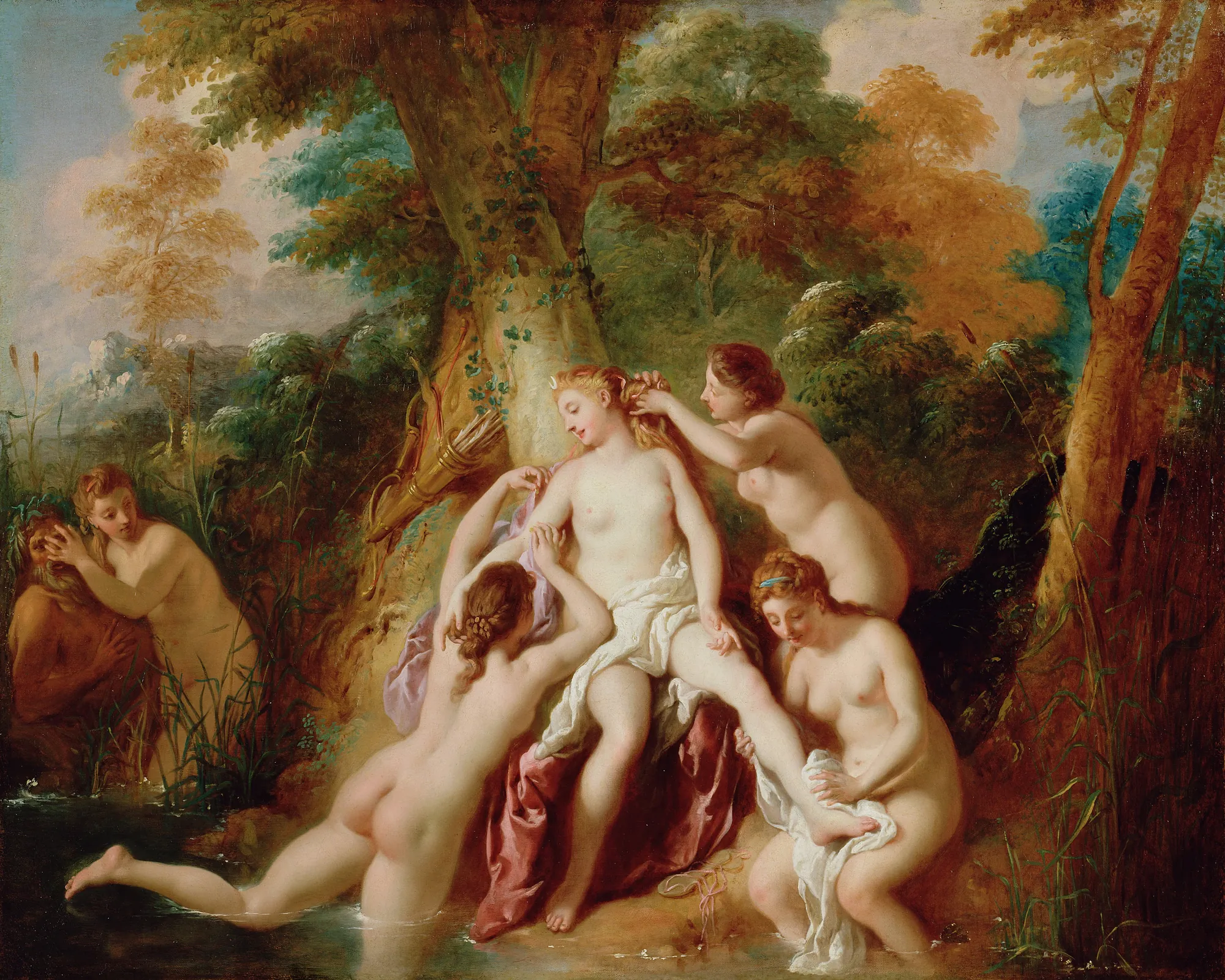 Diana and Her Nymphs Bathing Diana and Her Nymphs Bathing by Jean-François de Troy. A group of female figures, including the goddess Diana, are depicted resting and bathing in a lush, sun-dappled forest landscape.