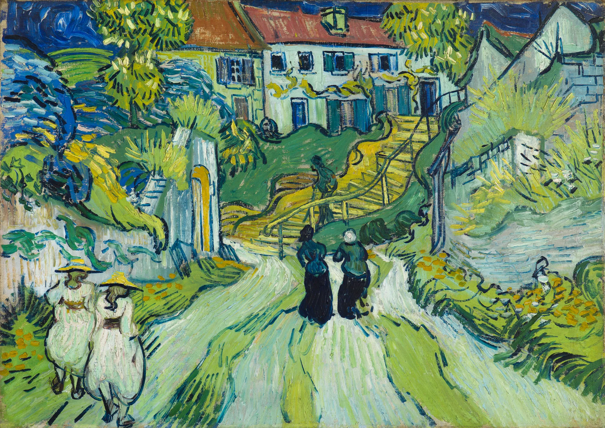 Stairway at Auvers Stairway at Auvers by Vincent van Gogh. A vibrant Post-Impressionist landscape featuring figures walking along a path and up a set of stairs toward a cluster of village houses.