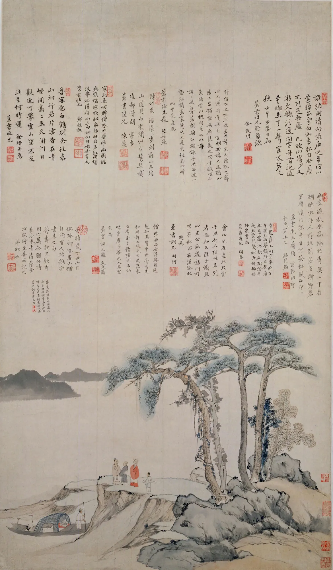 Sending a Crane and a Letter Sending a Crane and a Letter by Shao Mi. A vertical Chinese literati painting depicting figures on a rocky shoreline under pine trees, topped by extensive calligraphic inscriptions.