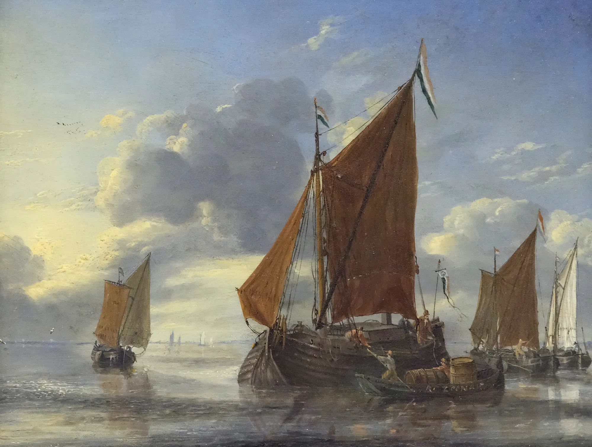 Barge Approaching a Large Sailing Vessel