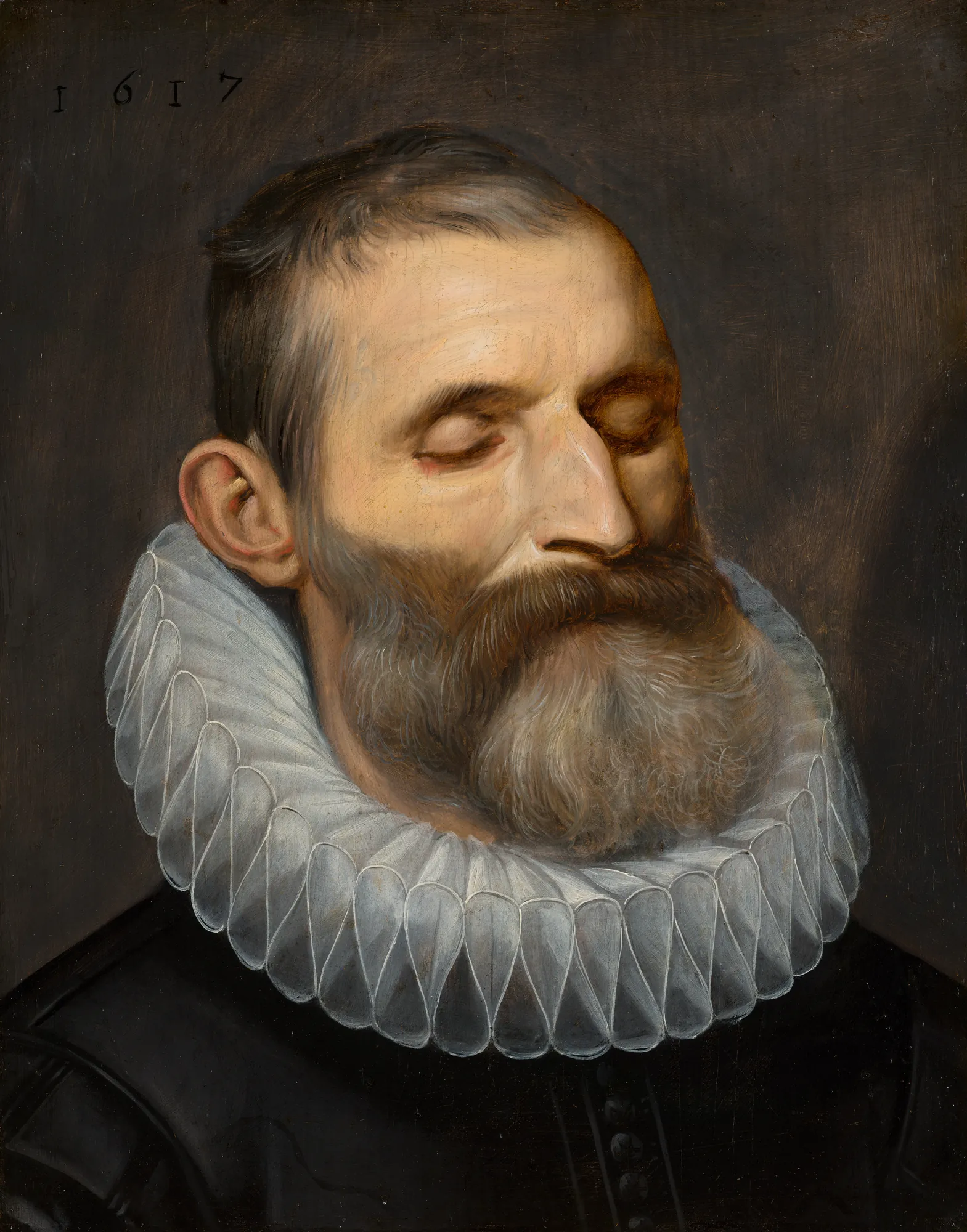 Portrait of a Man Portrait of a Man by Unknown Artist. A bust-length 17th-century portrait of a man with closed eyes and a grey beard, wearing a prominent white ruff collar.