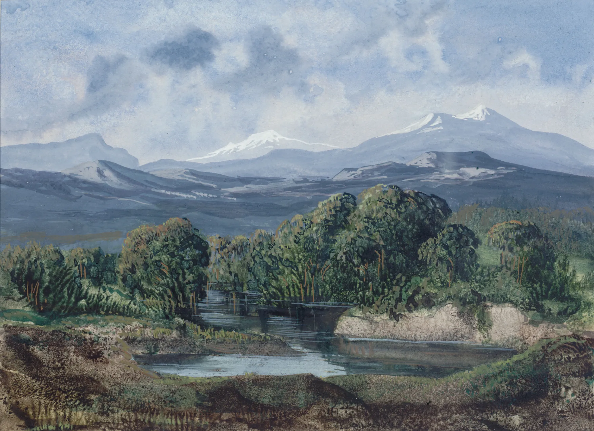 Etna Etna by Maurice Sand. A serene watercolor landscape featuring a winding river in the foreground surrounded by lush trees, with the snow-capped peaks of Mount Etna rising in the distance under a cloudy sky.