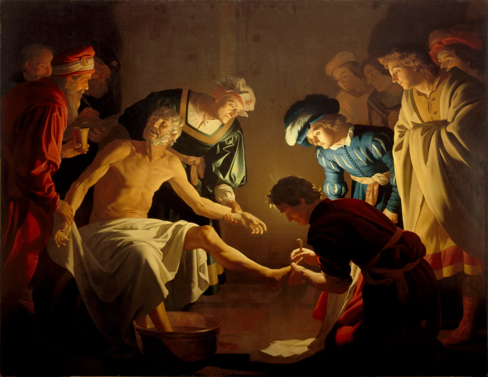 Death of Seneca Death of Seneca by Unknown Artist. An elderly man sits surrounded by figures in a dimly lit room, his feet being bled into a basin as onlookers watch under a dramatic single light source.