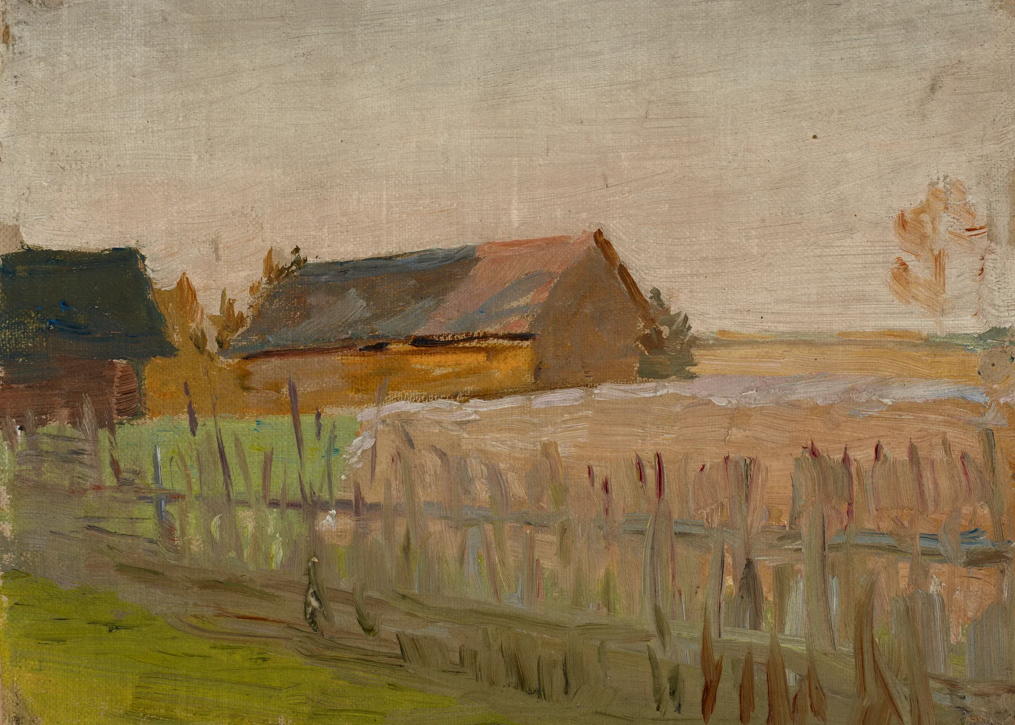 Evening Evening by Jan Ciągliński. An impressionistic oil painting of a rural building and fence under a somber evening sky.