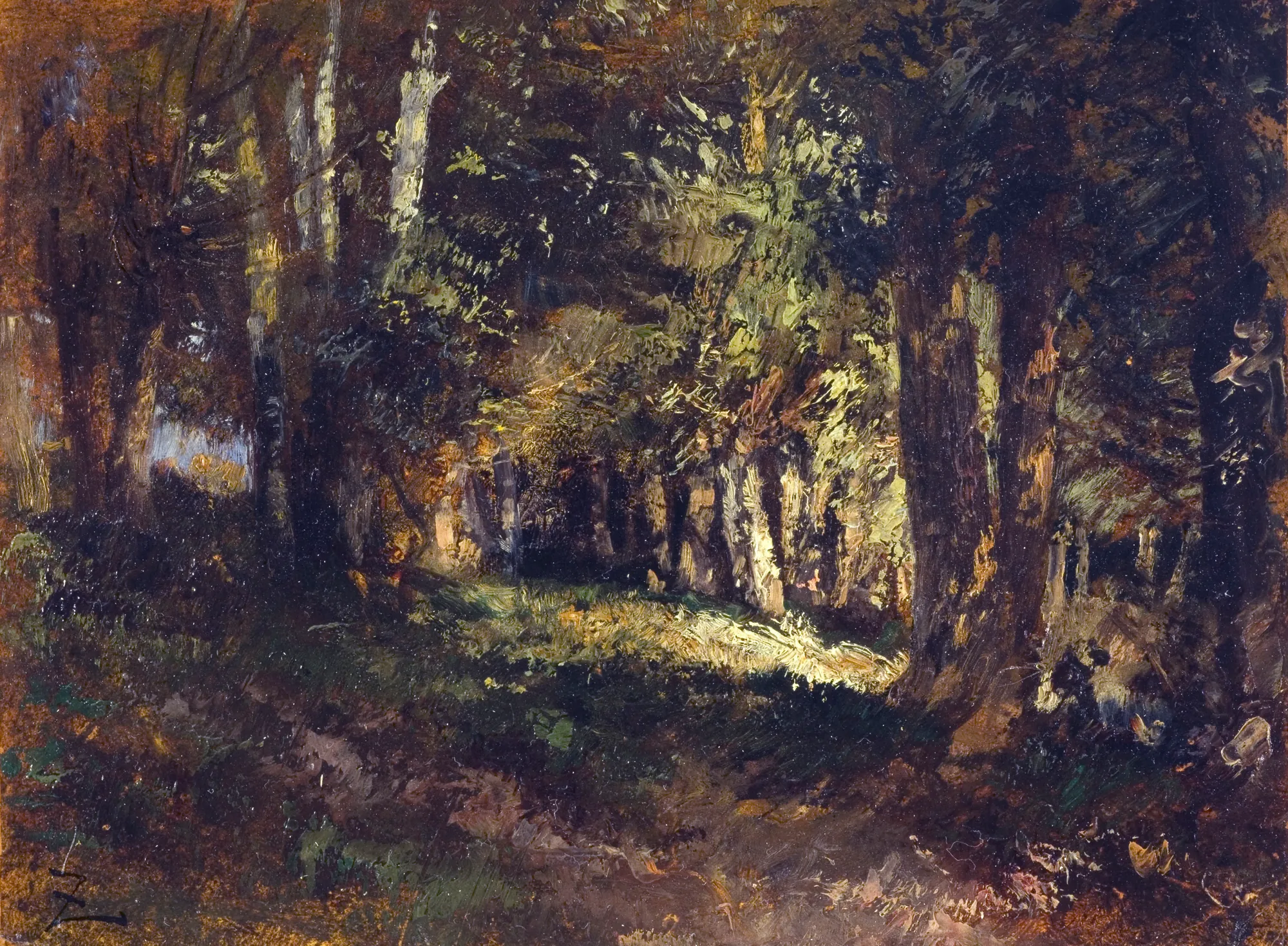 La forêt La forêt by Félix Ziem. A dark forest interior where a shaft of light illuminates a path and the trunks of dense trees.