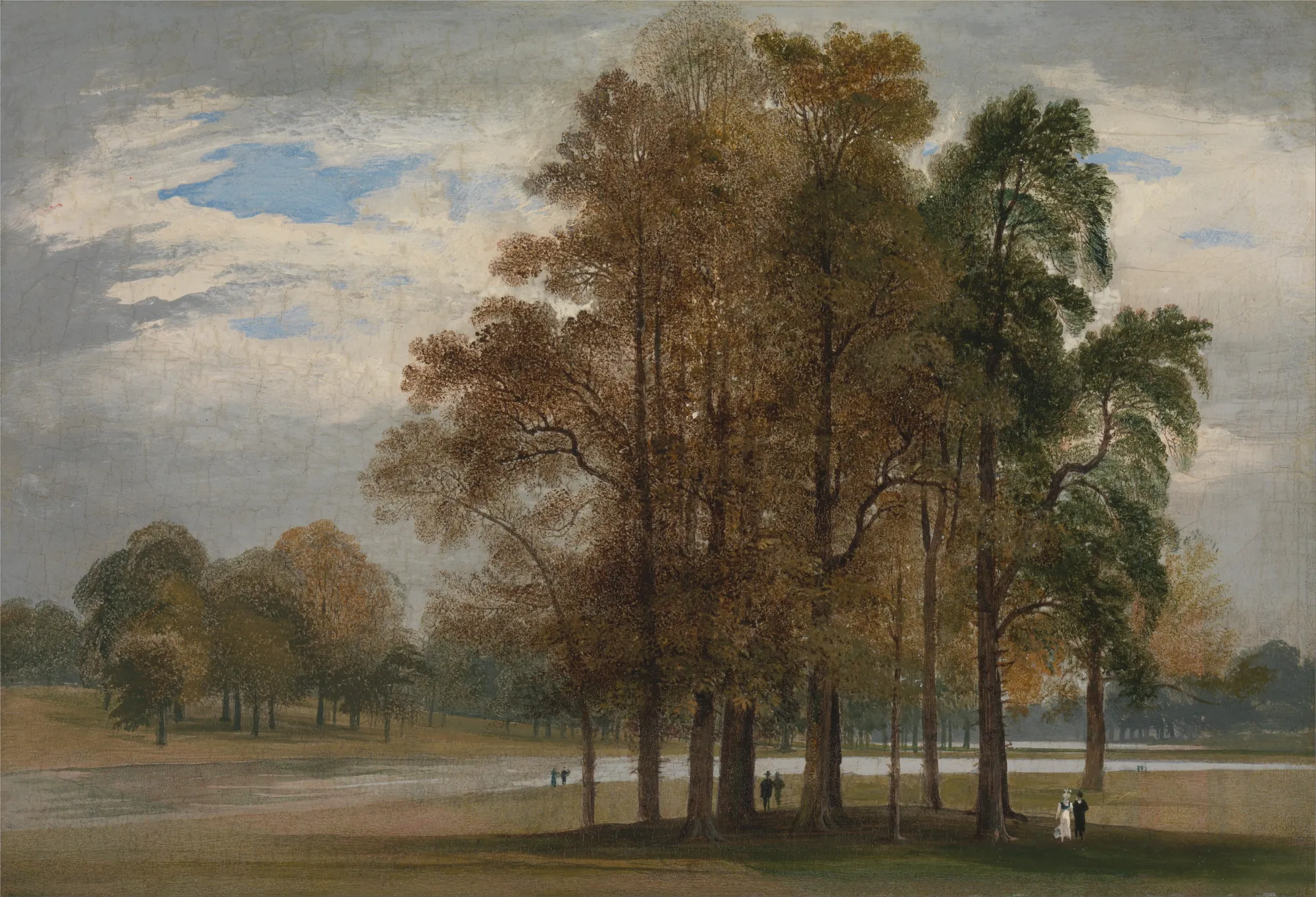 Hyde Park Hyde Park by John Martin. A cluster of tall, detailed trees stands in the foreground, overlooking a peaceful lake and distant figures under an overcast sky.