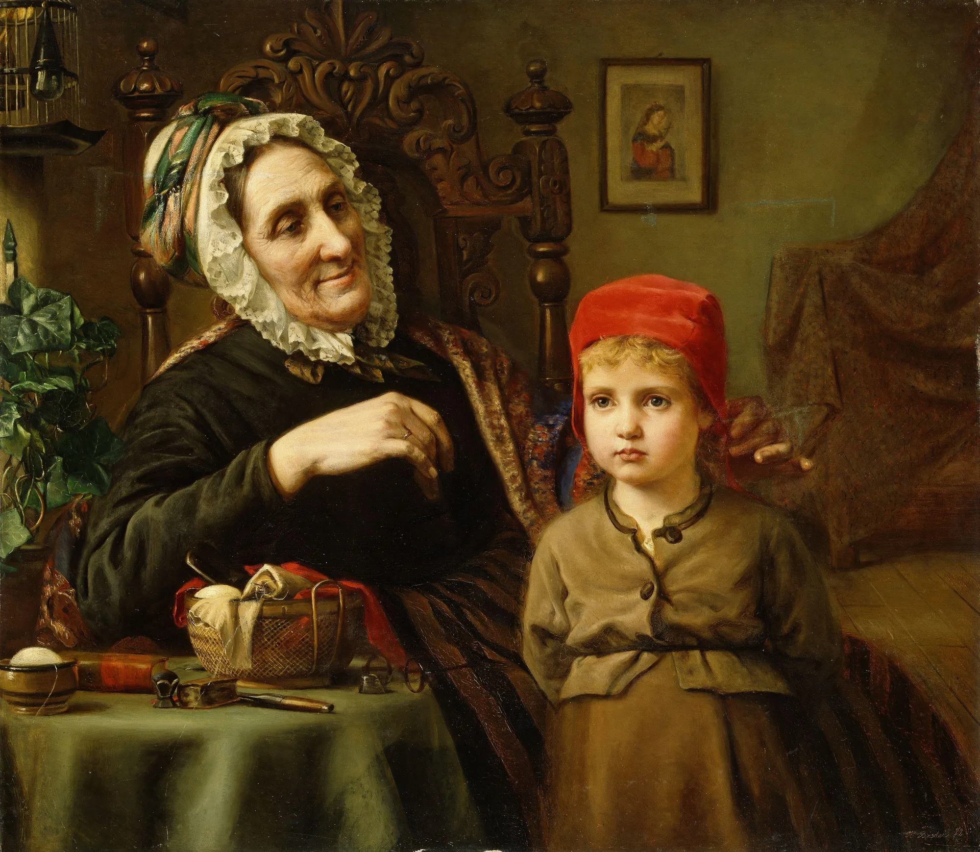 Little Red Riding Hood Little Red Riding Hood by Harriet Backer. An elderly woman in a lace cap sits beside a young girl wearing a bright red hood in a detailed domestic interior.