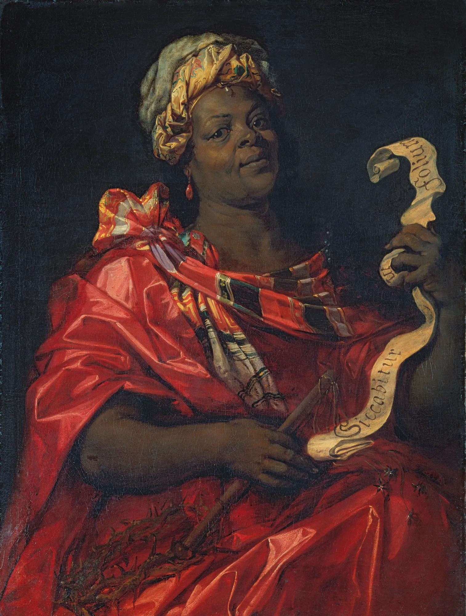 The Sibyl Agrippina The Sibyl Agrippina by Jan van den Hoecke. A half-length portrait of a Black woman depicted as the Sibyl Agrippina, wearing a vibrant red wrap and a golden turban, holding a prophecy scroll and a crown of thorns.