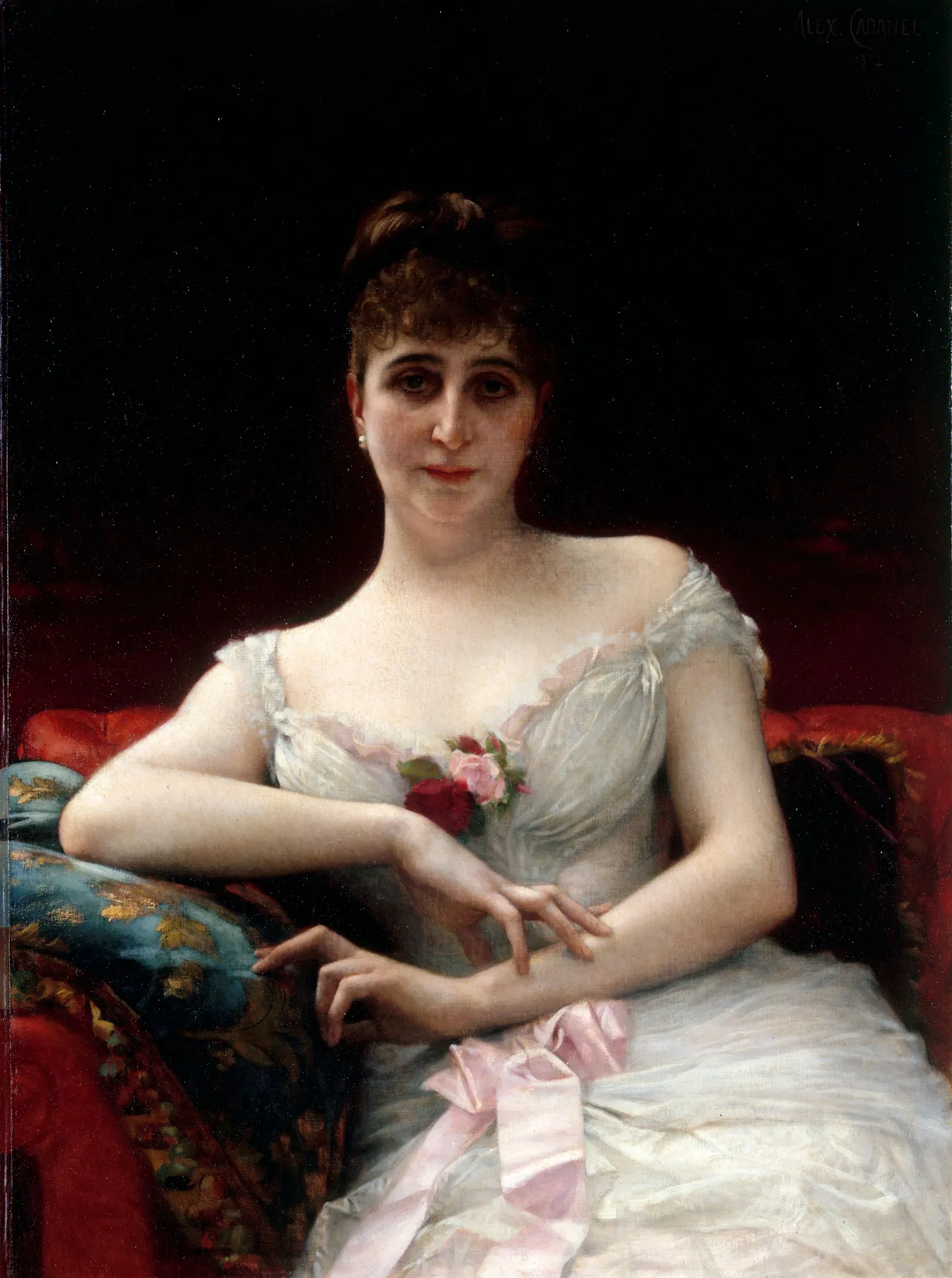 Portrait de Madame Edouard Hervé Portrait de Madame Edouard Hervé by Alexandre Cabanel. A three-quarter length portrait of a woman in a white lace dress with a pink ribbon and roses, seated on a red velvet sofa.