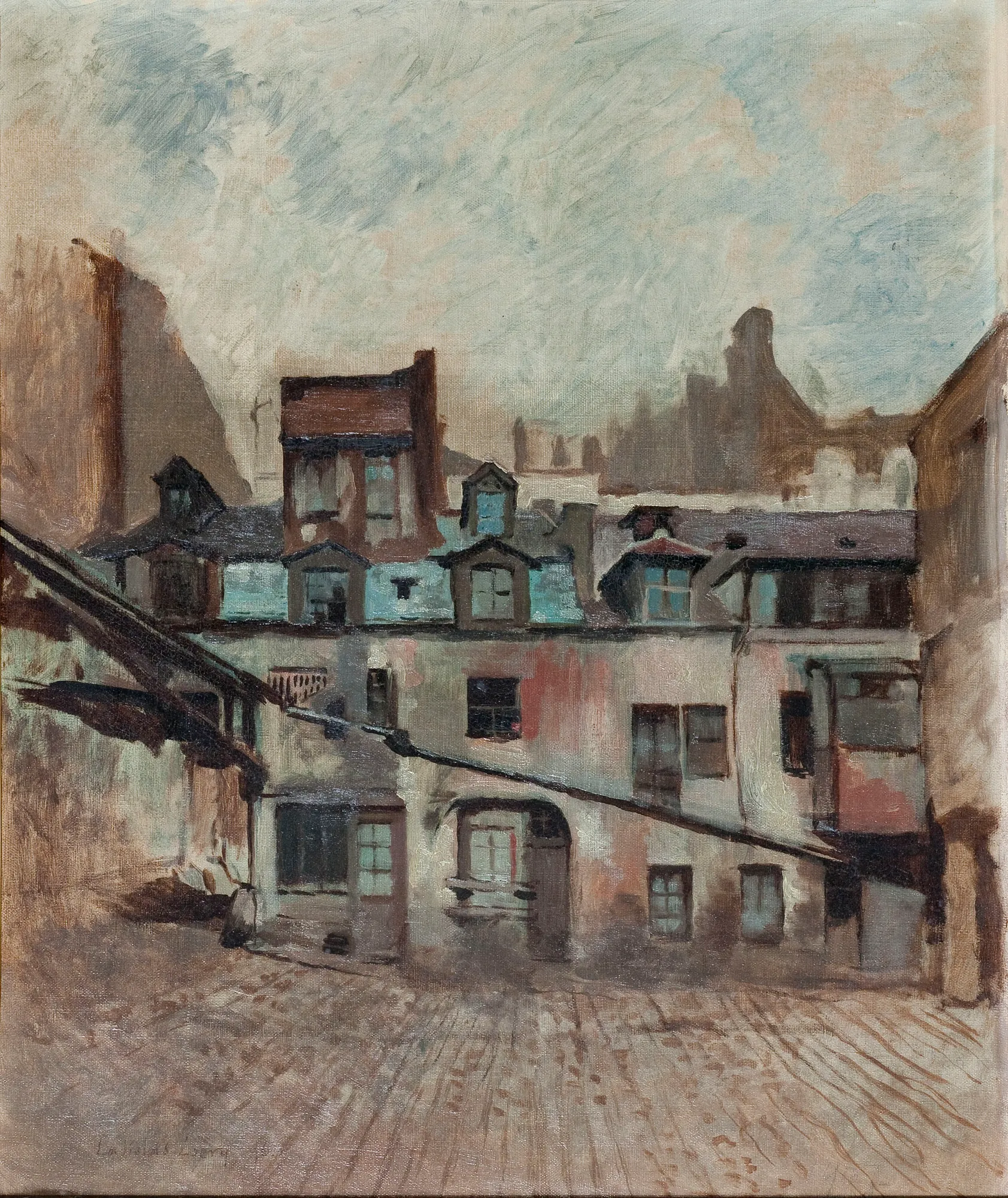 La cour de l'auberge du Cheval-Blanc La cour de l'auberge du Cheval-Blanc by Ladislas Loery. An impressionistic painting of a historic Parisian inn courtyard under a pale, cloudy sky.
